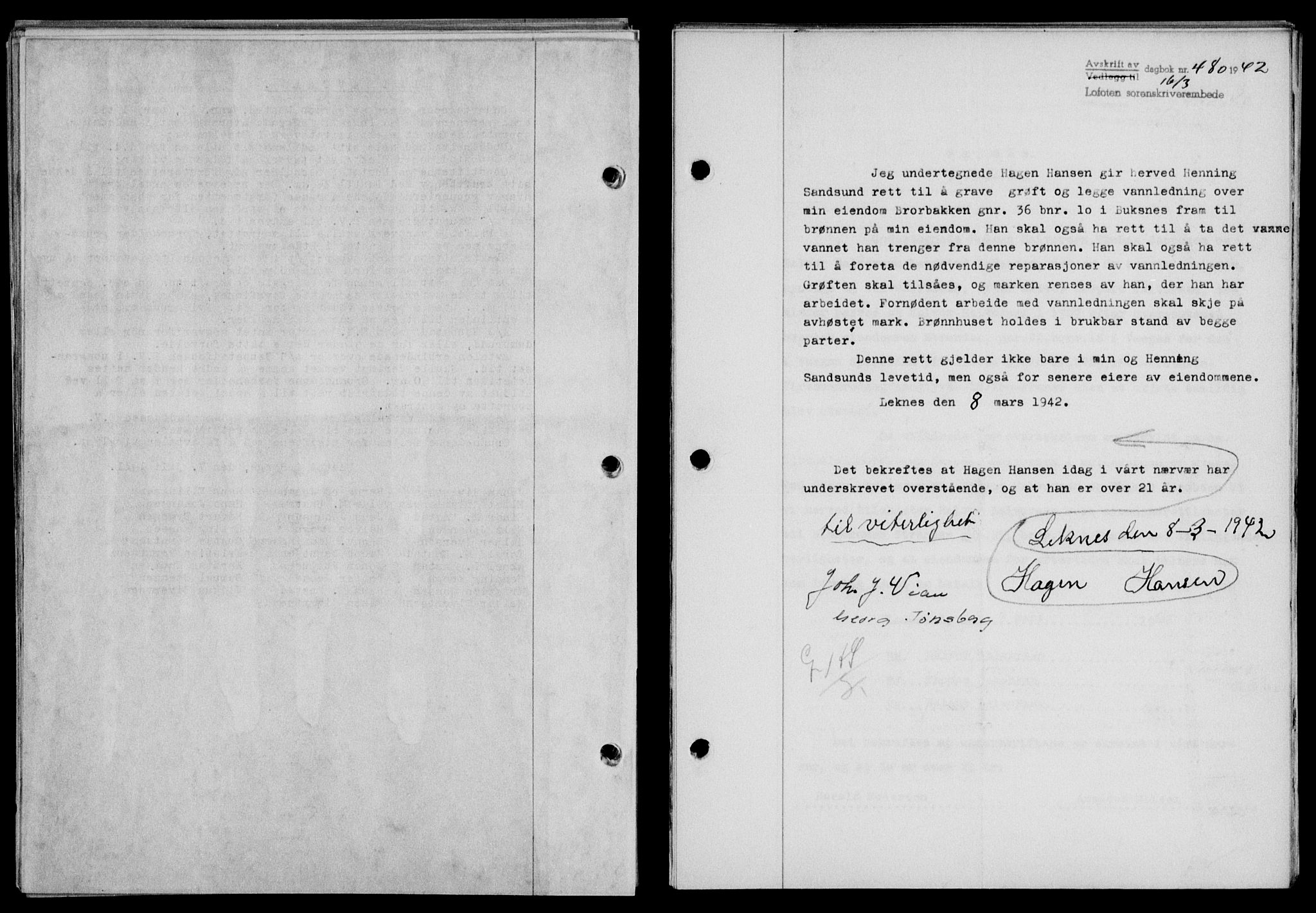 Lofoten sorenskriveri, SAT/A-0017/1/2/2C/L0009a: Mortgage book no. 9a, 1941-1942, Diary no: : 480/1942
