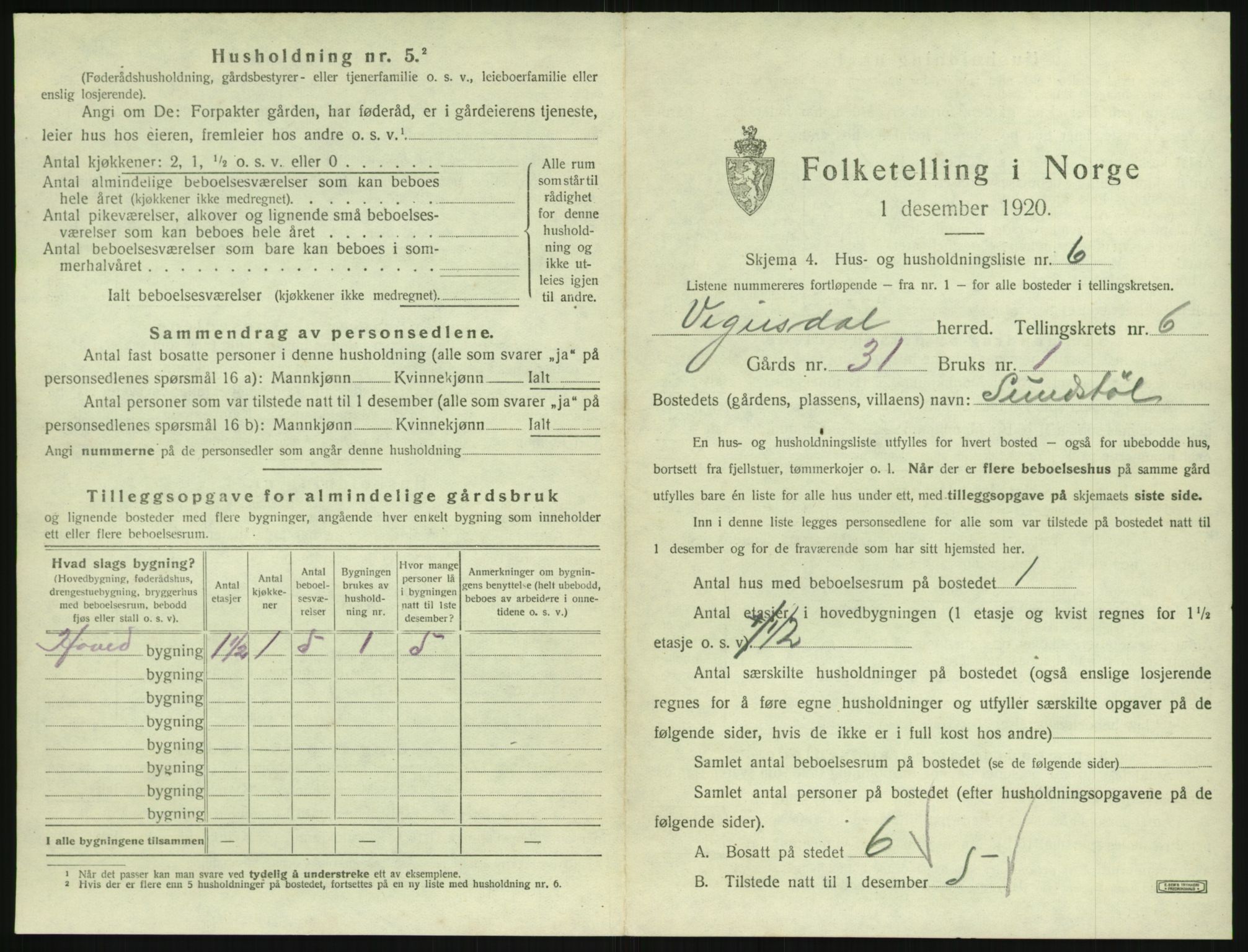 SAK, 1920 census for Vegusdal, 1920, p. 247