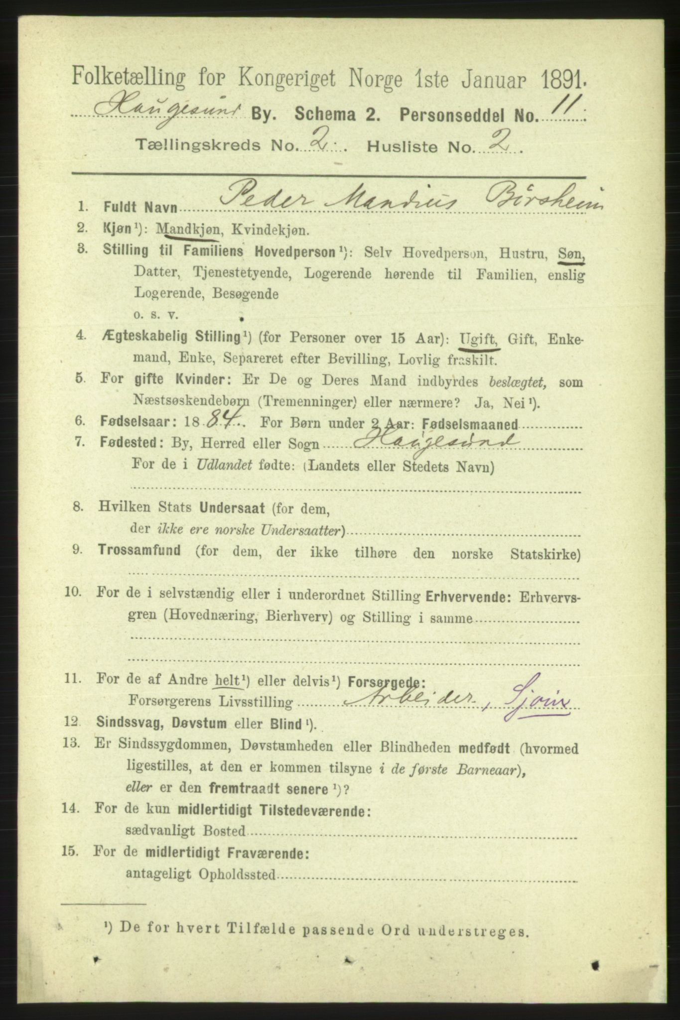 RA, 1891 census for 1106 Haugesund, 1891, p. 1024