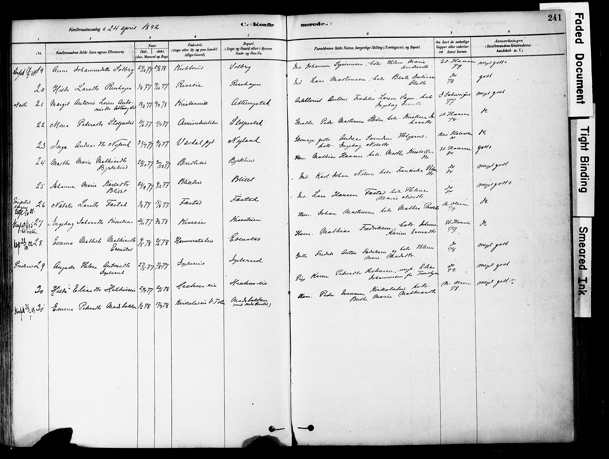 Østre Toten prestekontor, AV/SAH-PREST-104/H/Ha/Haa/L0006: Parish register (official) no. 6 /1, 1878-1896, p. 241