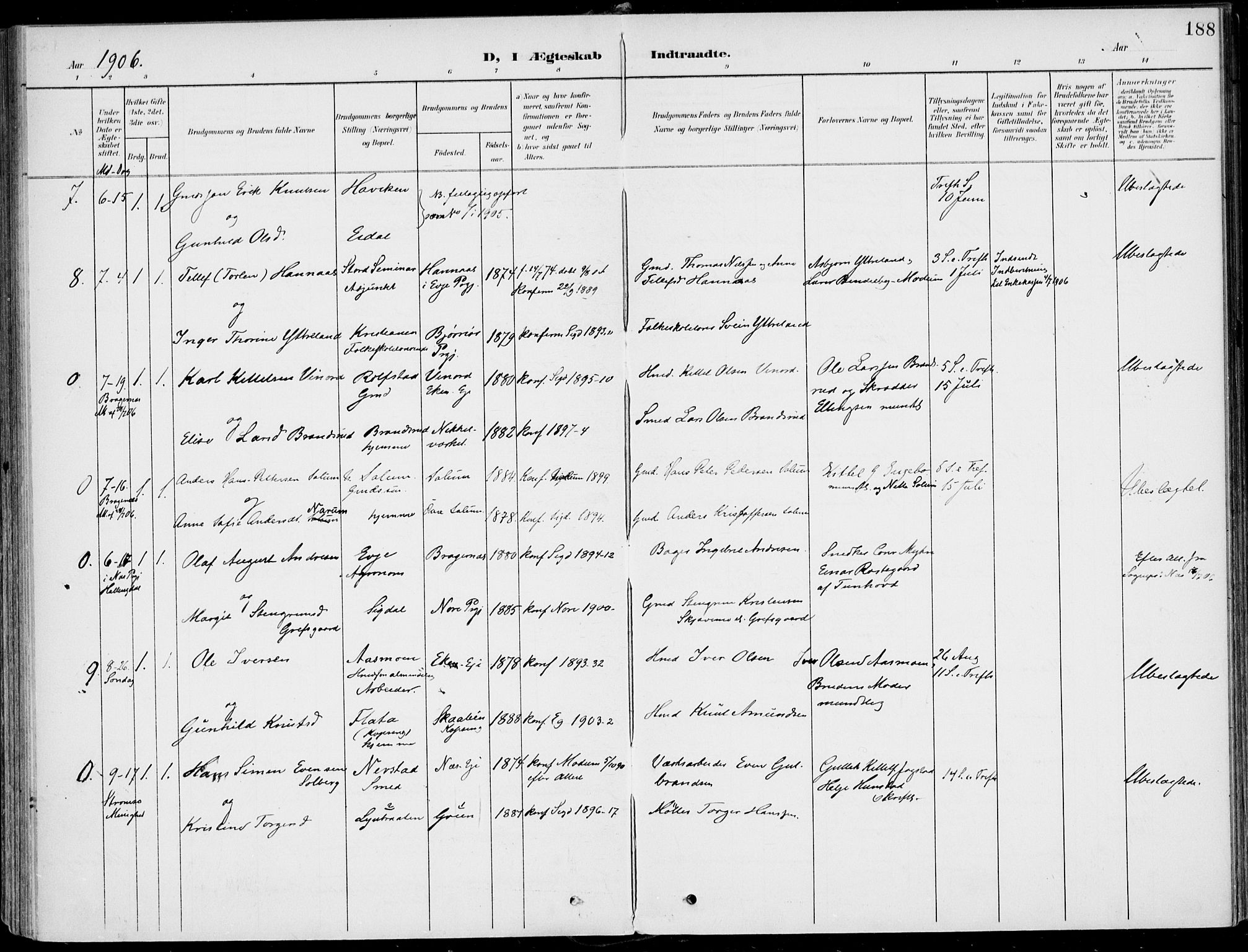 Sigdal kirkebøker, AV/SAKO-A-245/F/Fb/L0002: Parish register (official) no. II 2, 1901-1914, p. 188