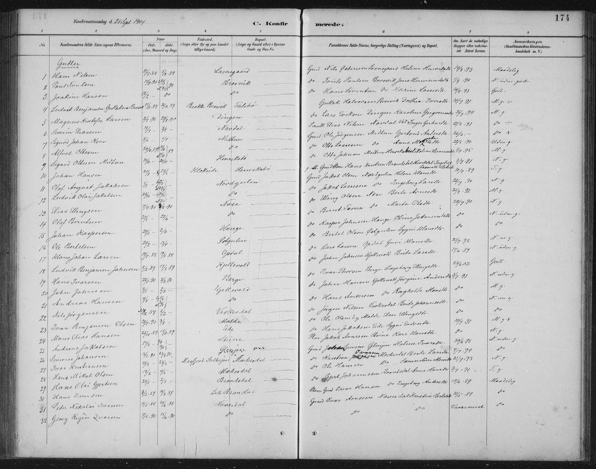 Gulen sokneprestembete, AV/SAB-A-80201/H/Hab/Habb/L0003: Parish register (copy) no. B 3, 1884-1907, p. 174