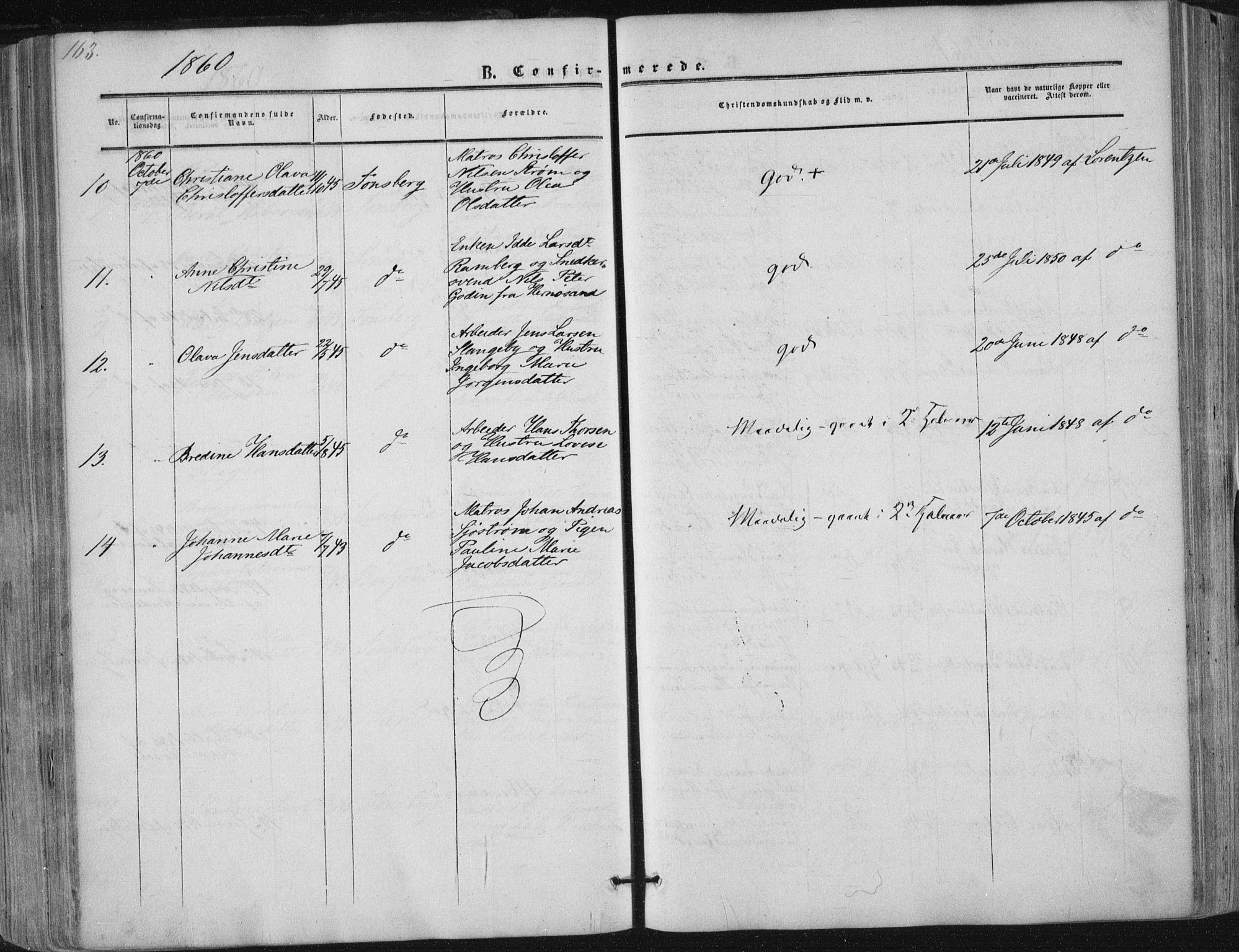 Tønsberg kirkebøker, AV/SAKO-A-330/F/Fa/L0008: Parish register (official) no. I 8, 1855-1864, p. 163