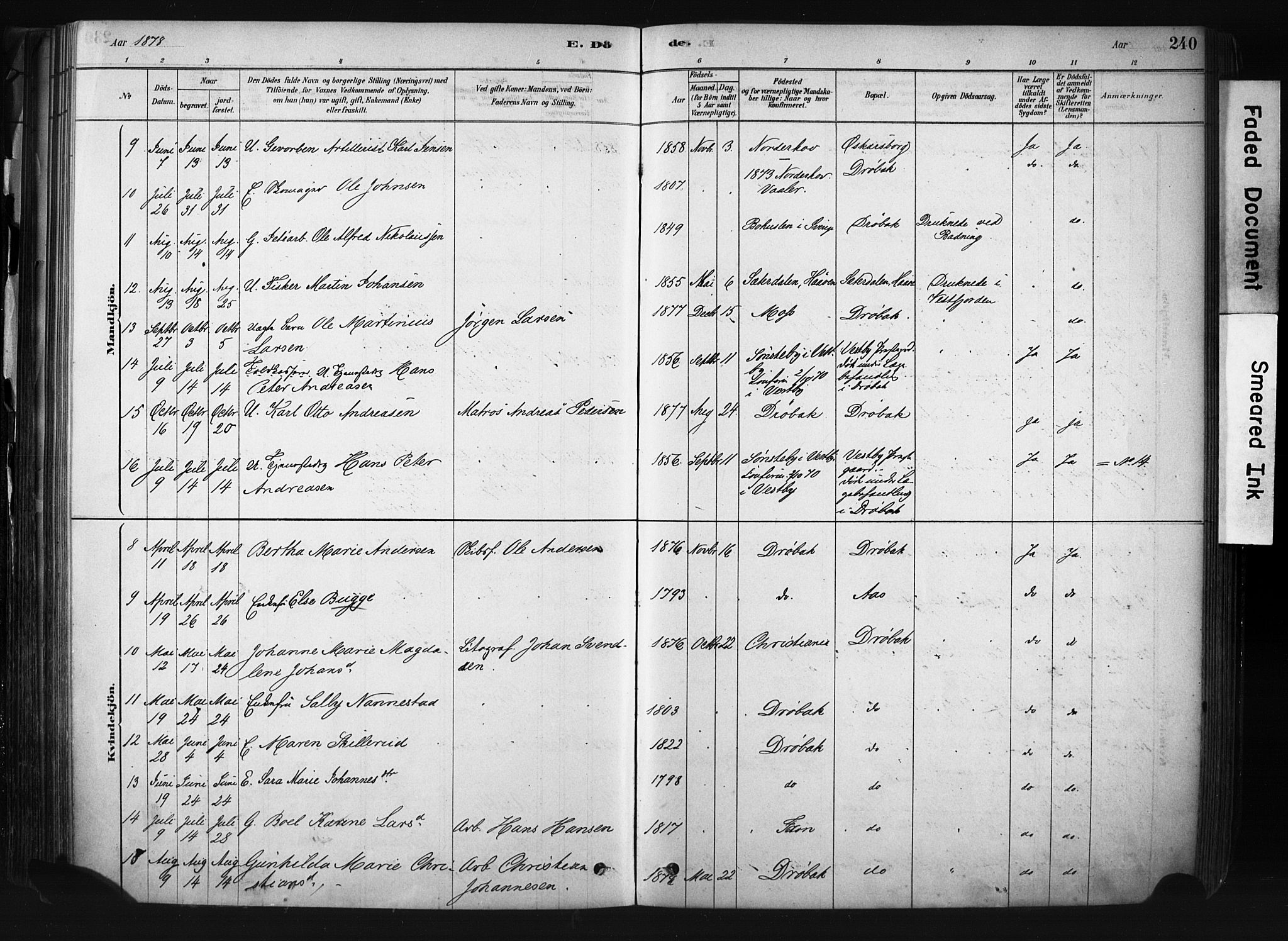 Drøbak prestekontor Kirkebøker, AV/SAO-A-10142a/F/Fb/L0001: Parish register (official) no. II 1, 1878-1891, p. 240