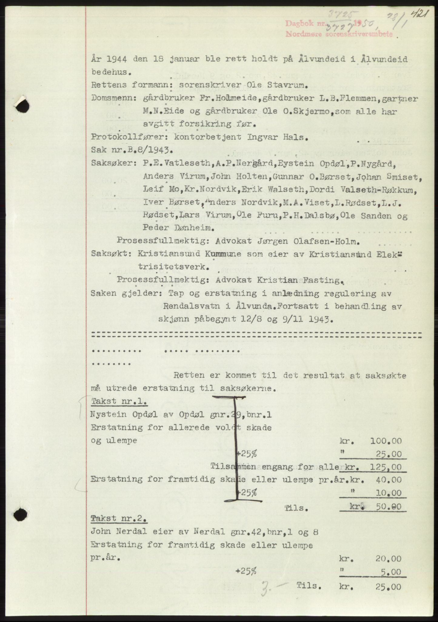 Nordmøre sorenskriveri, AV/SAT-A-4132/1/2/2Ca: Mortgage book no. B106, 1950-1950, Diary no: : 3725/1950