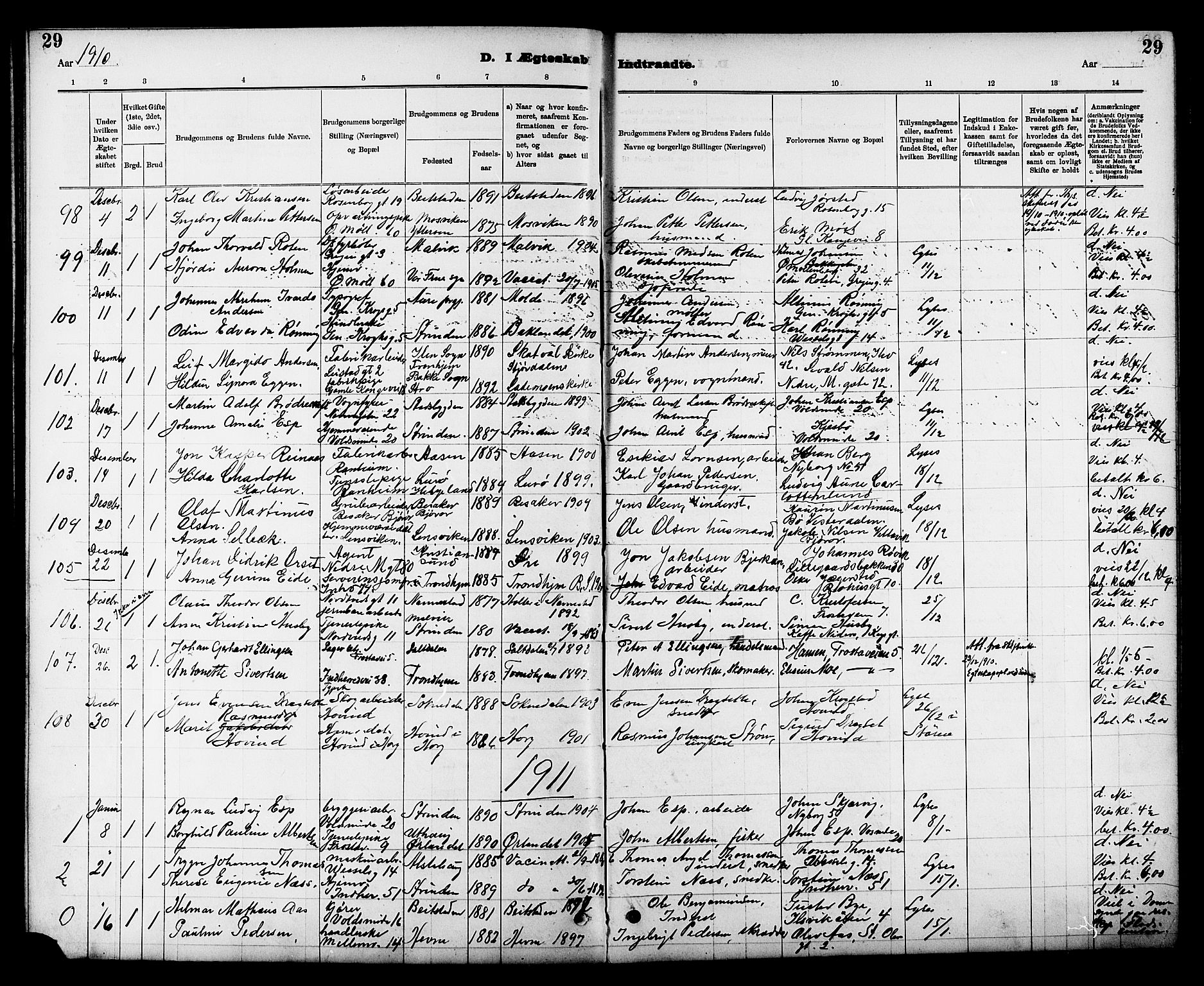 Ministerialprotokoller, klokkerbøker og fødselsregistre - Sør-Trøndelag, SAT/A-1456/605/L0255: Parish register (copy) no. 605C02, 1908-1918, p. 29