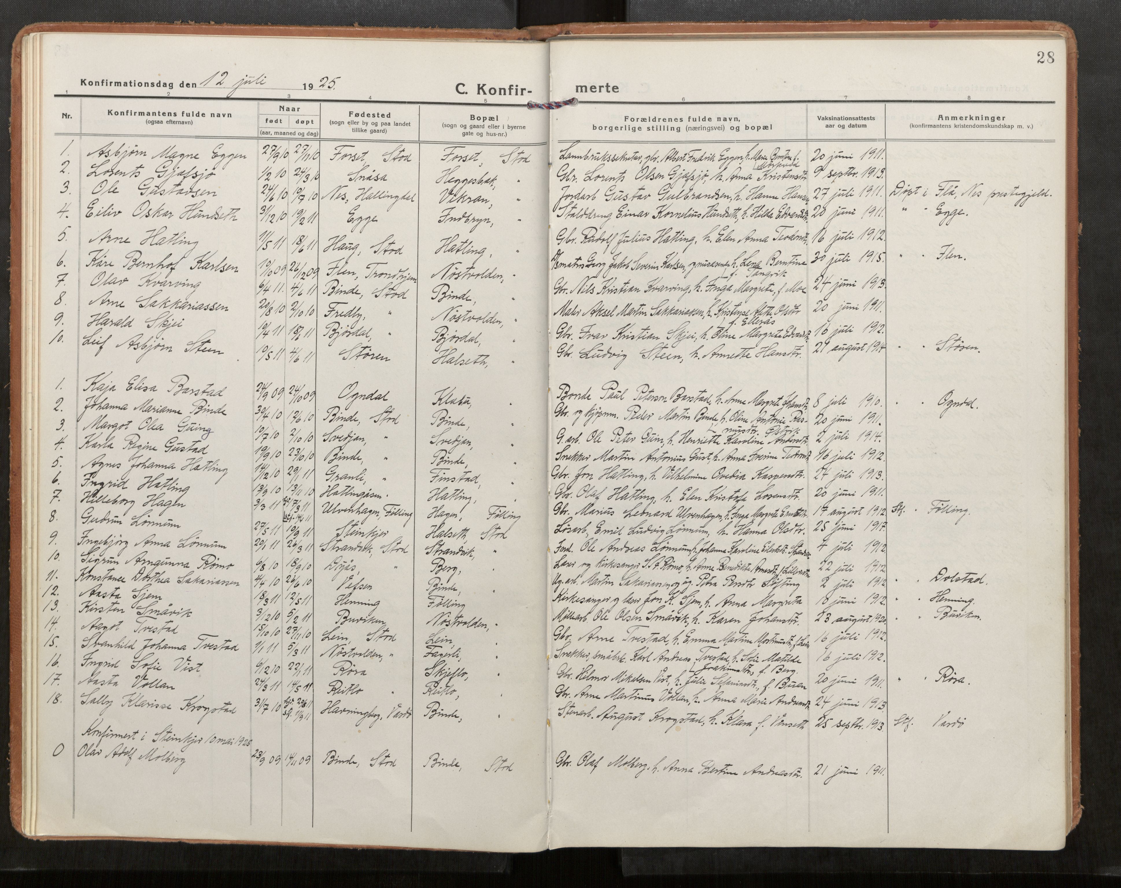 Stod sokneprestkontor, AV/SAT-A-1164/1/I/I1/I1a/L0005: Parish register (official) no. 5, 1923-1932, p. 28