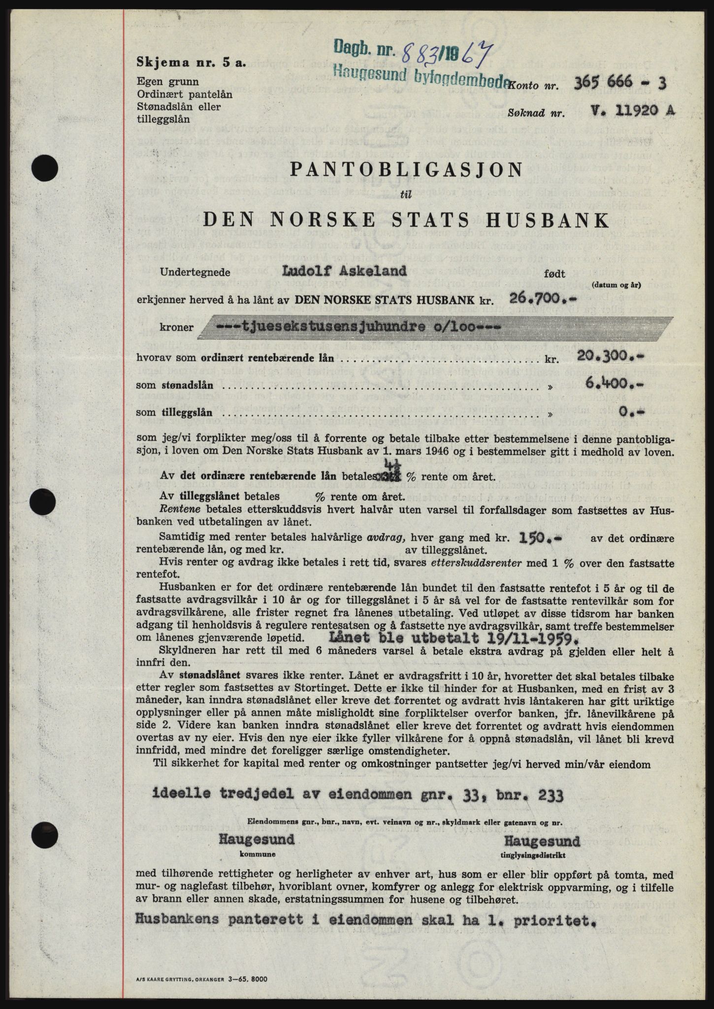 Haugesund tingrett, SAST/A-101415/01/II/IIC/L0056: Mortgage book no. B 56, 1966-1967, Diary no: : 883/1967