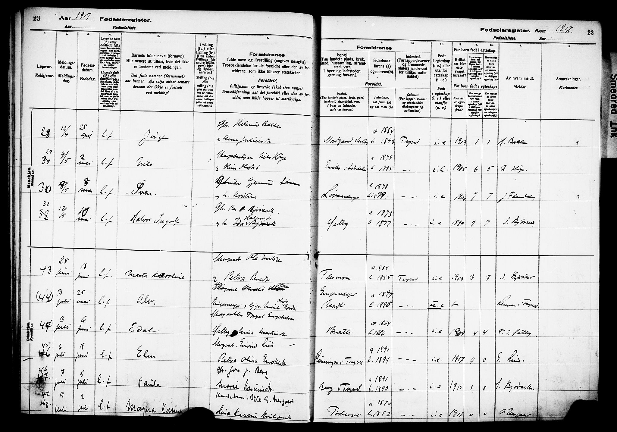 Trysil prestekontor, AV/SAH-PREST-046/I/Id/Ida/L0001: Birth register no. I 1, 1916-1927, p. 23