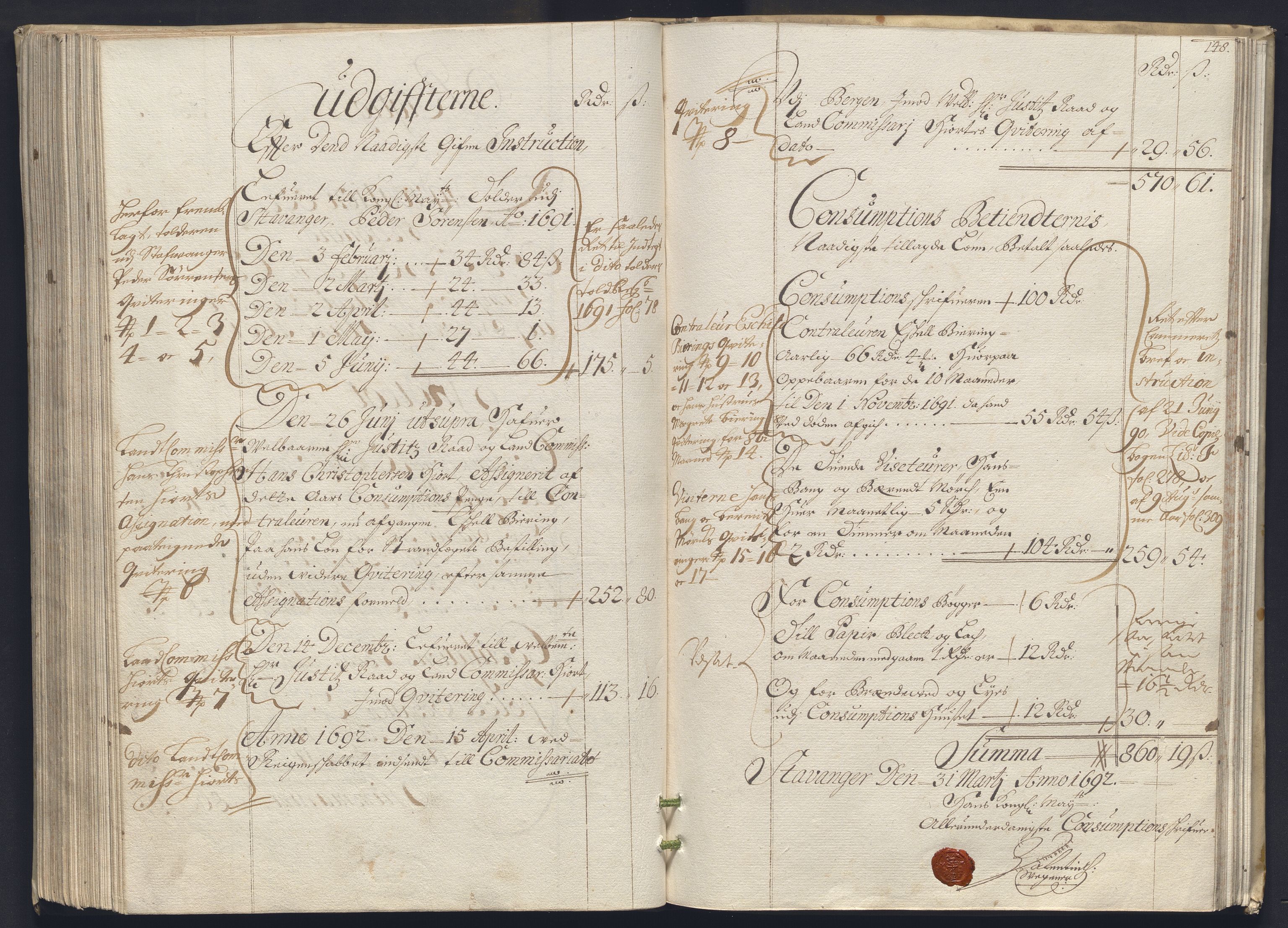 Rentekammeret inntil 1814, Reviderte regnskaper, Byregnskaper, RA/EA-4066/R/Ro/L0333: [O25] Konsumpsjonsregnskap, 1690-1704, p. 438