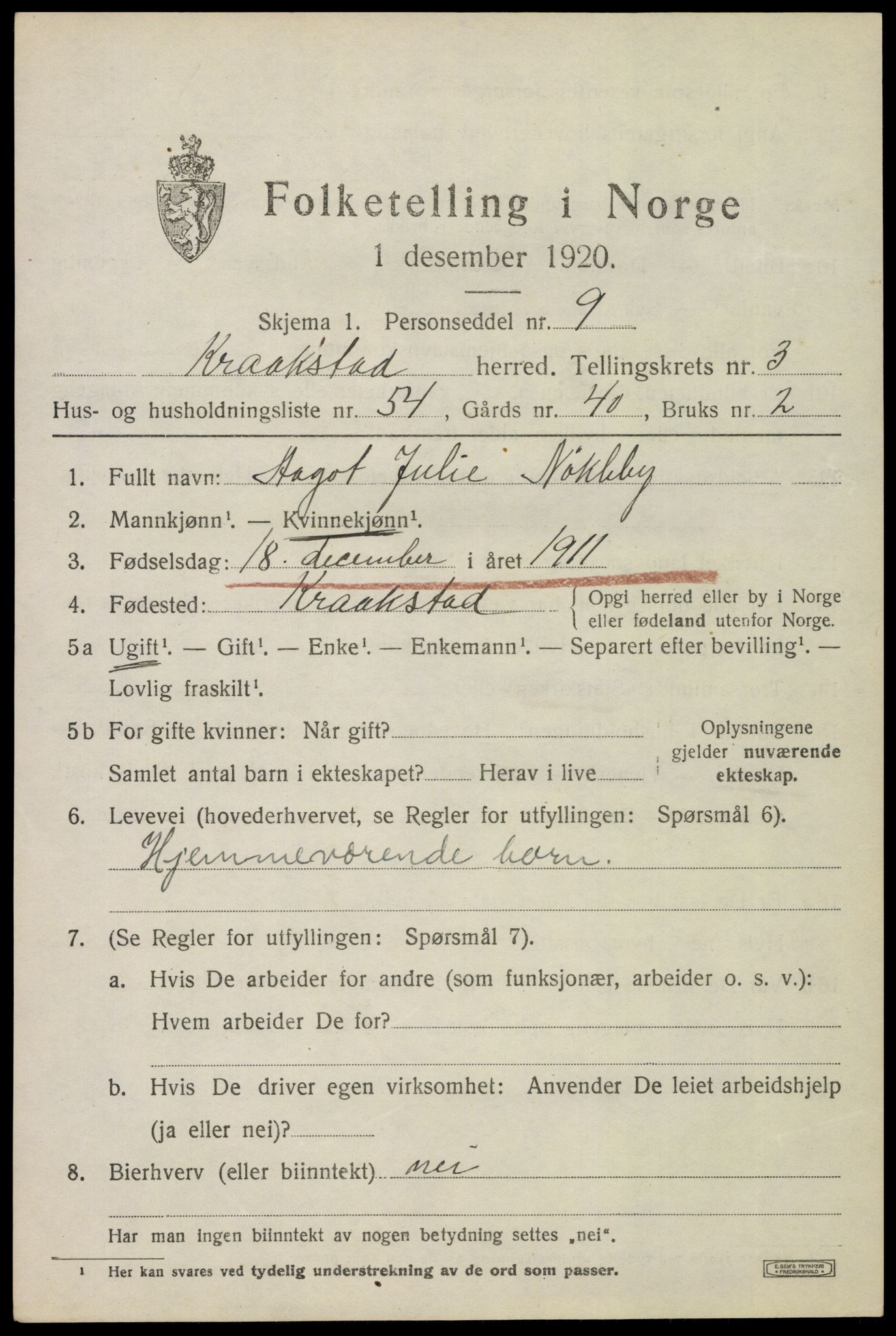 SAO, 1920 census for Kråkstad, 1920, p. 4017