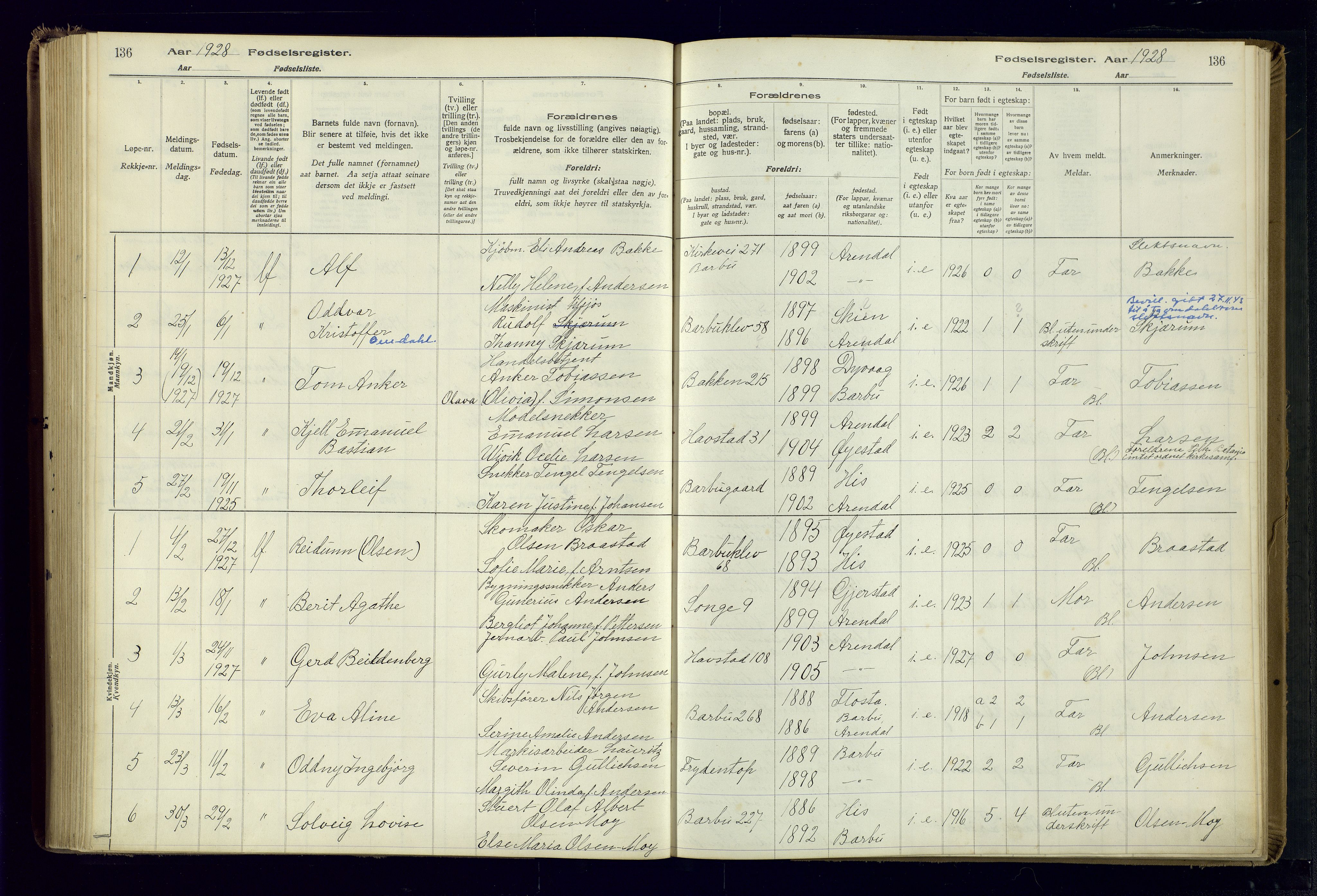 Barbu sokneprestkontor, SAK/1111-0003/J/Ja/L0001: Birth register no. A-VIII-1, 1916-1937, p. 136