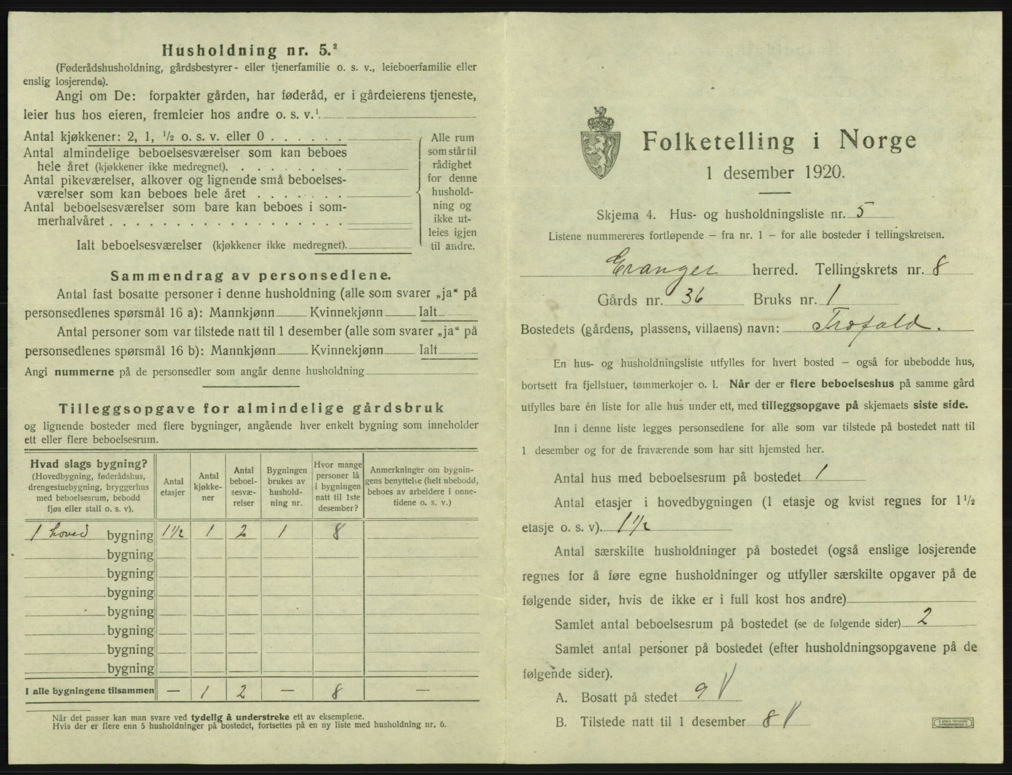 SAB, 1920 census for Evanger, 1920, p. 371