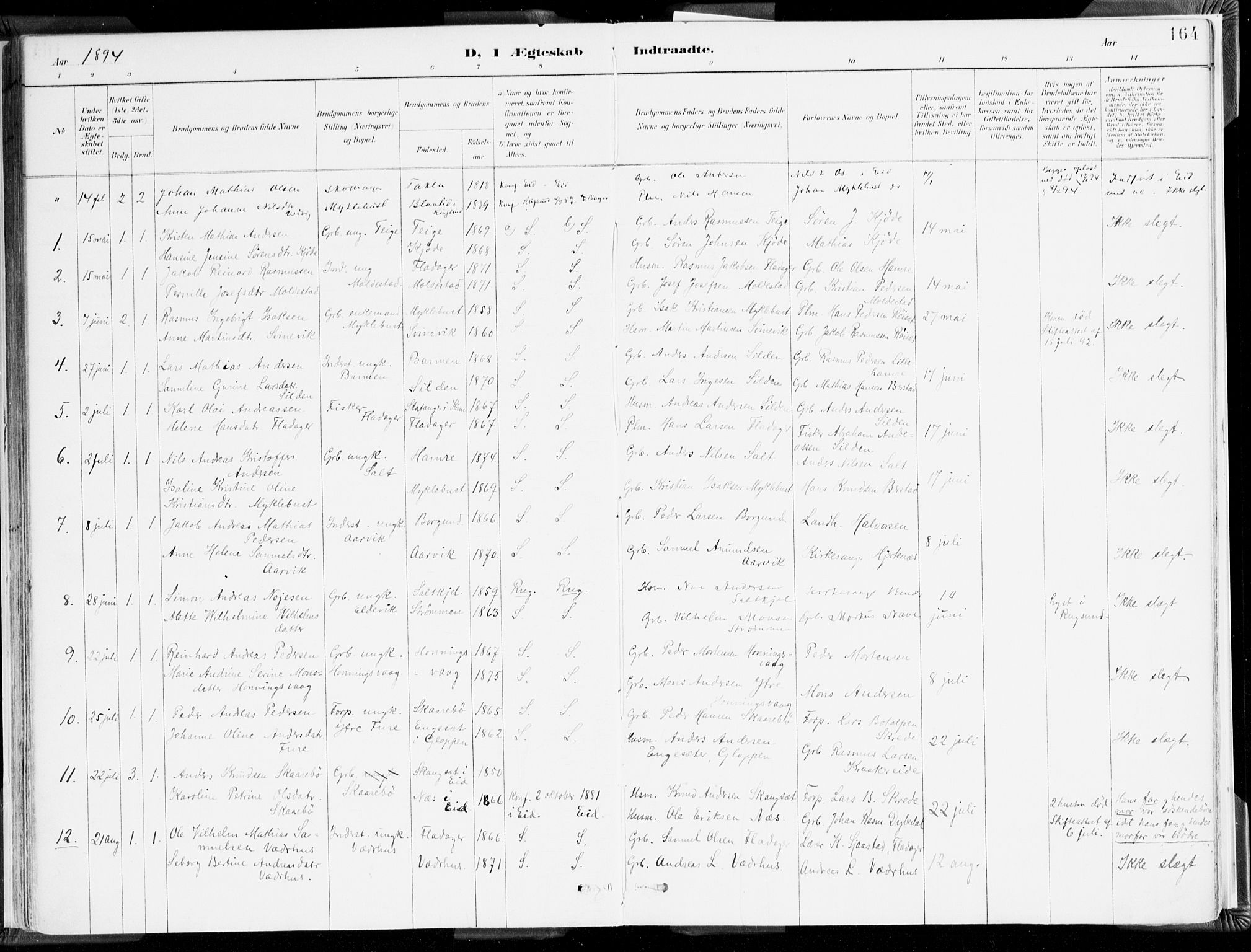 Selje sokneprestembete, SAB/A-99938/H/Ha/Haa/Haab: Parish register (official) no. B 2, 1891-1907, p. 164