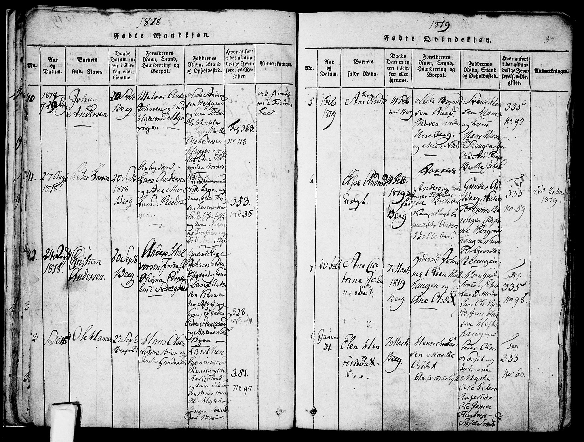 Berg prestekontor Kirkebøker, AV/SAO-A-10902/F/Fa/L0002: Parish register (official) no. I 2, 1815-1831, p. 37