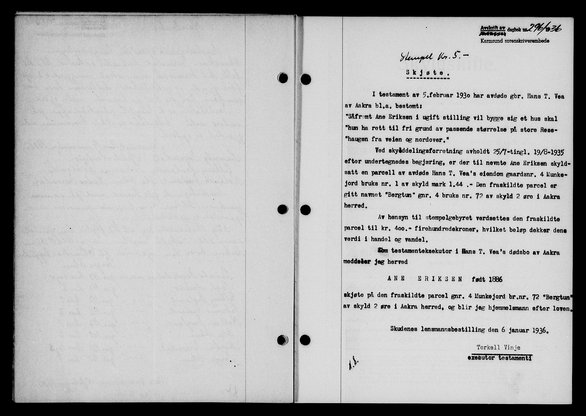 Karmsund sorenskriveri, SAST/A-100311/01/II/IIB/L0066: Mortgage book no. 47A, 1936-1936, Diary no: : 296/1936