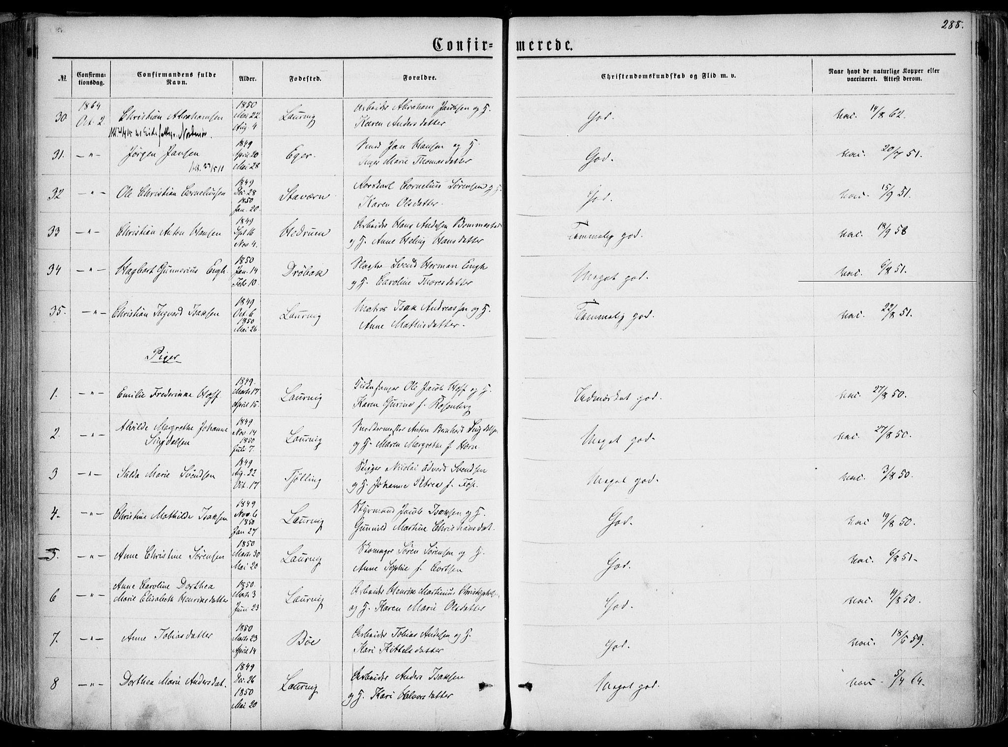 Larvik kirkebøker, AV/SAKO-A-352/F/Fa/L0004: Parish register (official) no. I 4, 1856-1870, p. 288