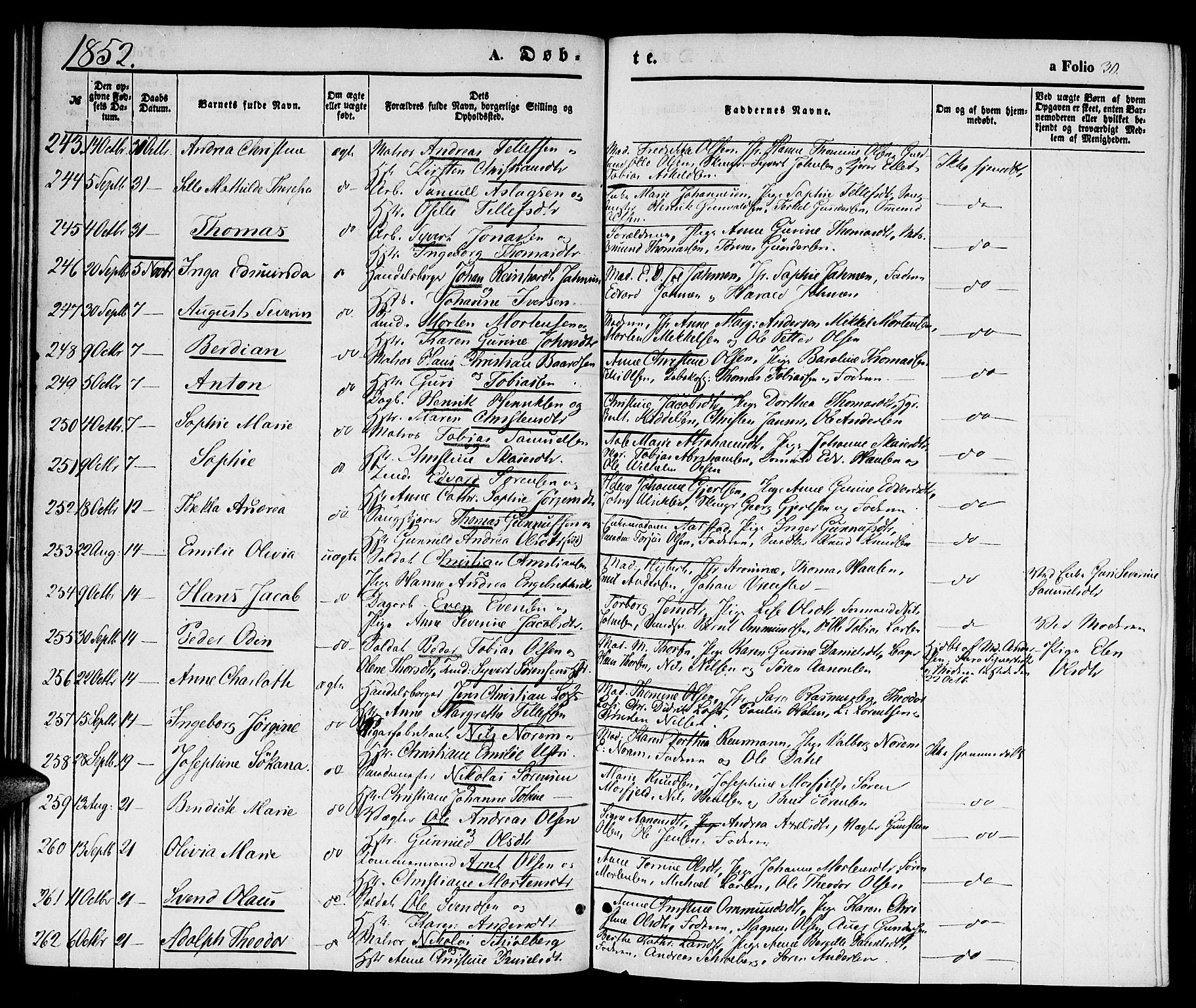 Kristiansand domprosti, AV/SAK-1112-0006/F/Fb/L0011: Parish register (copy) no. B 11, 1851-1861, p. 30