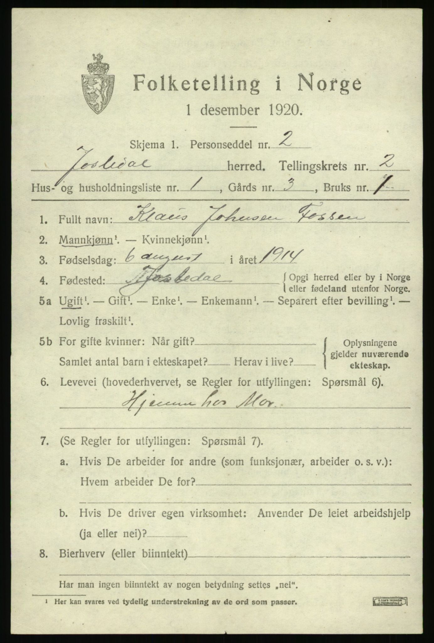 SAB, 1920 census for Jostedal, 1920, p. 580