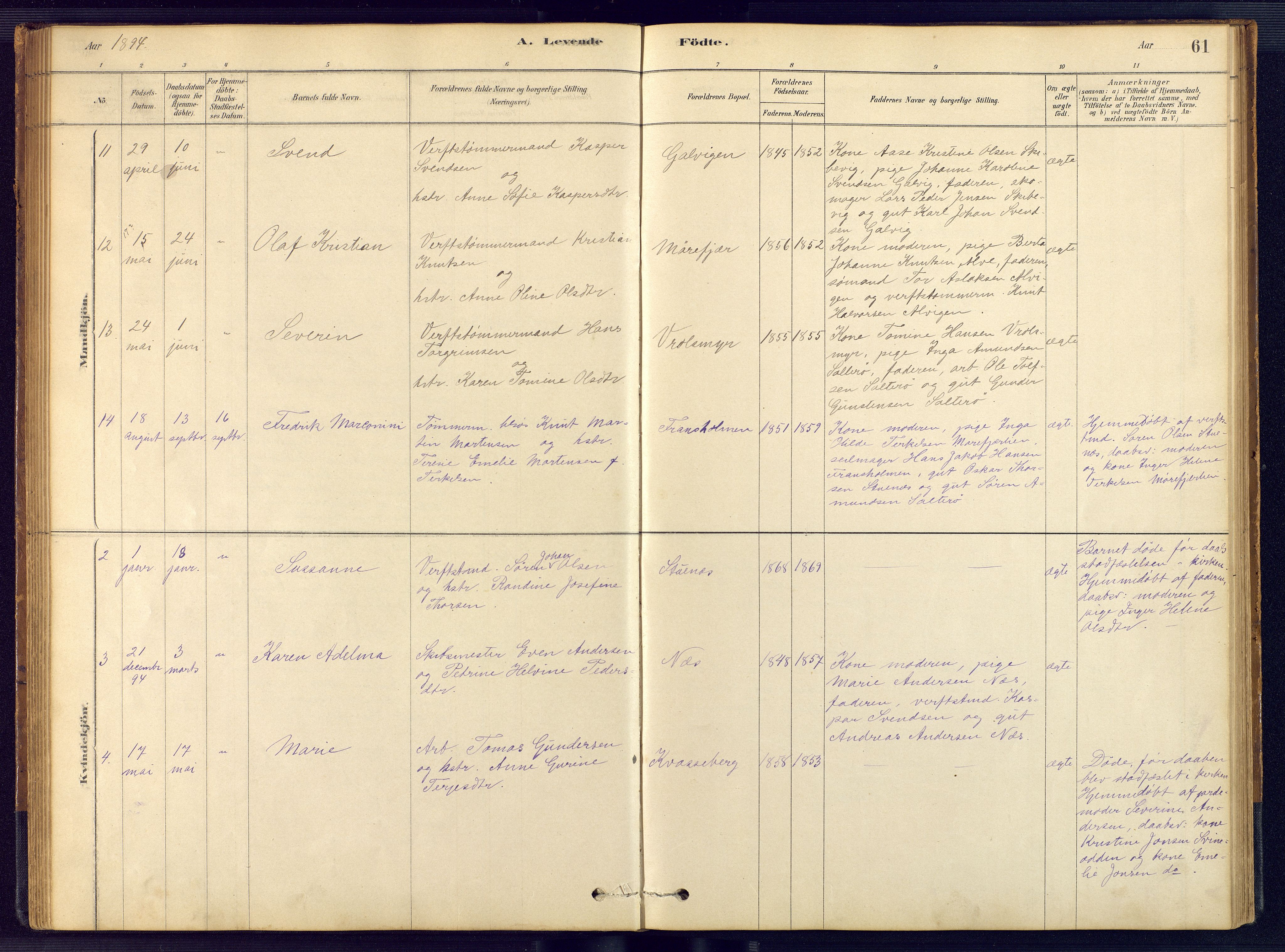 Austre Moland sokneprestkontor, AV/SAK-1111-0001/F/Fb/Fbb/L0001: Parish register (copy) no. B 1, 1878-1904, p. 61