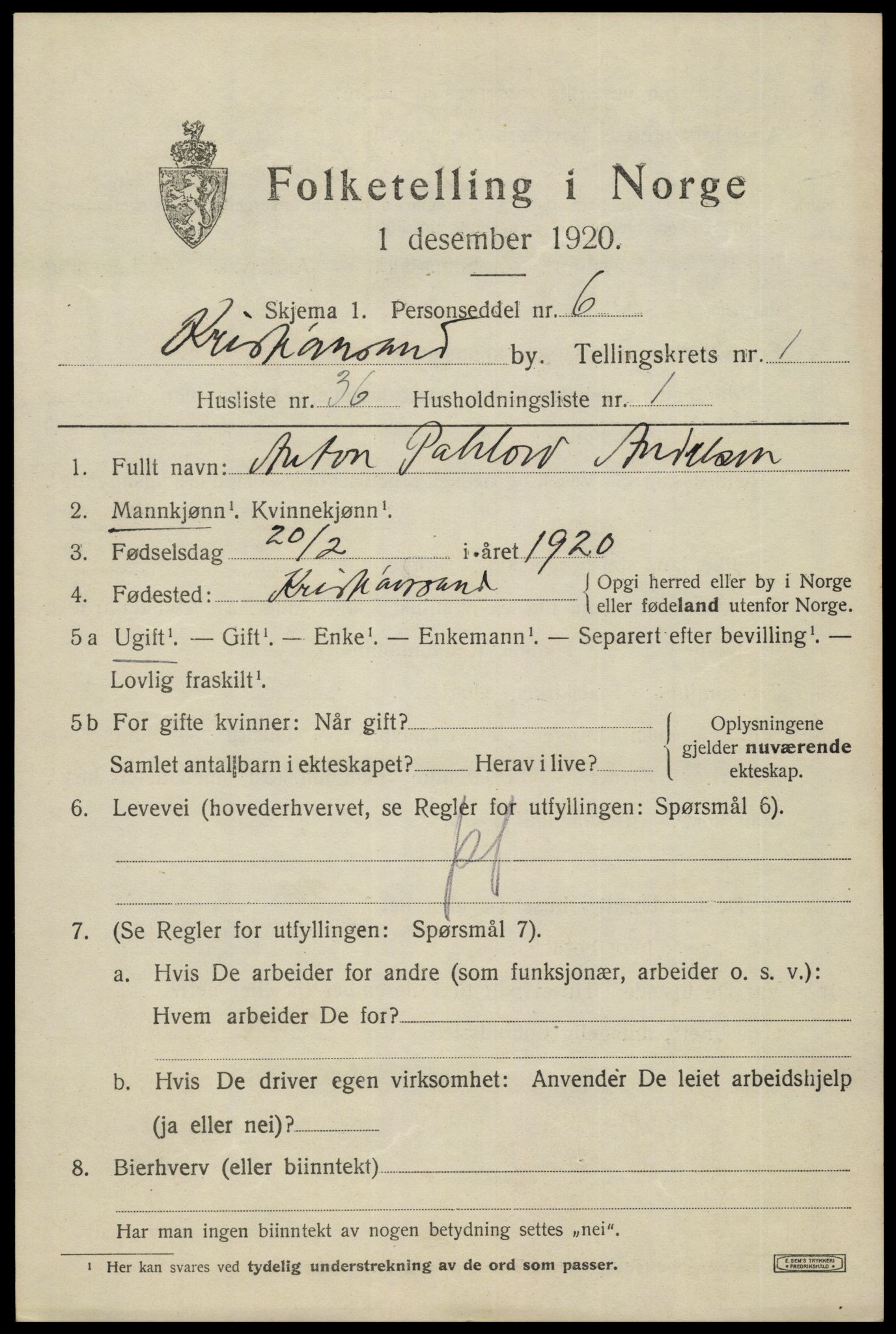 SAK, 1920 census for Kristiansand, 1920, p. 11713