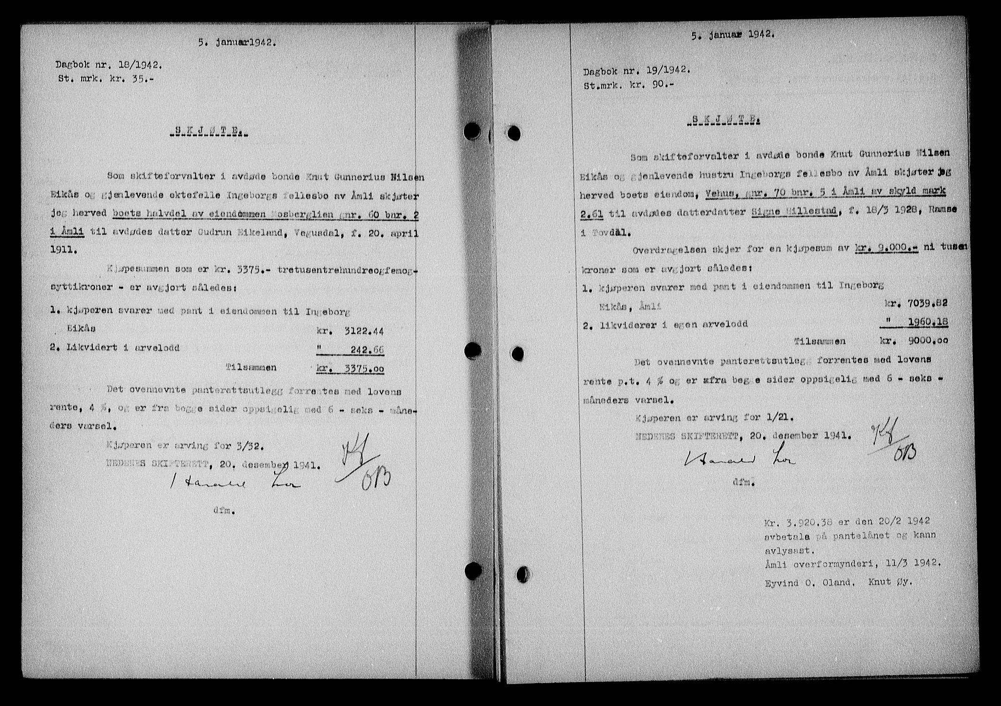 Nedenes sorenskriveri, SAK/1221-0006/G/Gb/Gba/L0049: Mortgage book no. A-III, 1941-1942, Diary no: : 19/1942