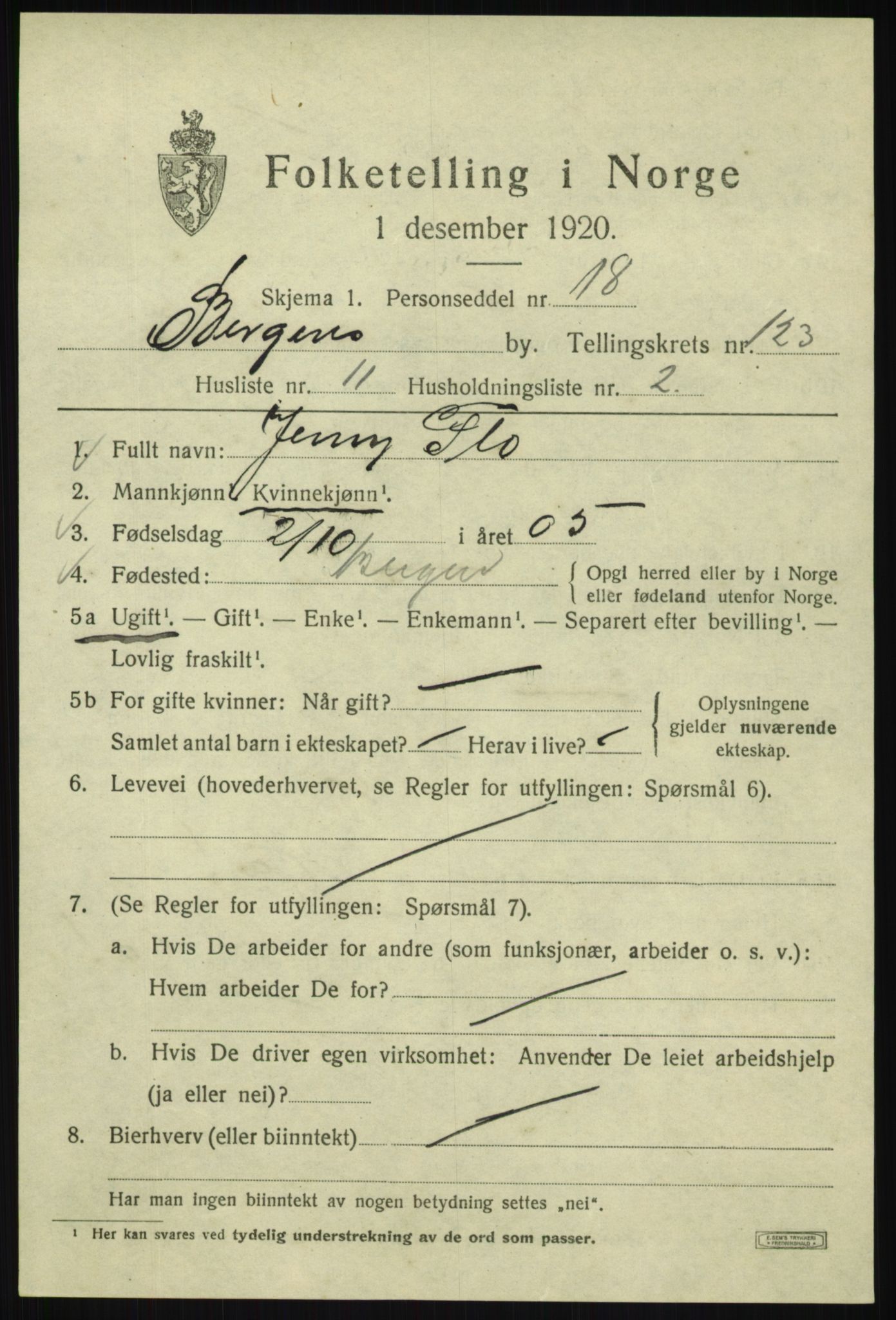 SAB, 1920 census for Bergen, 1920, p. 207401