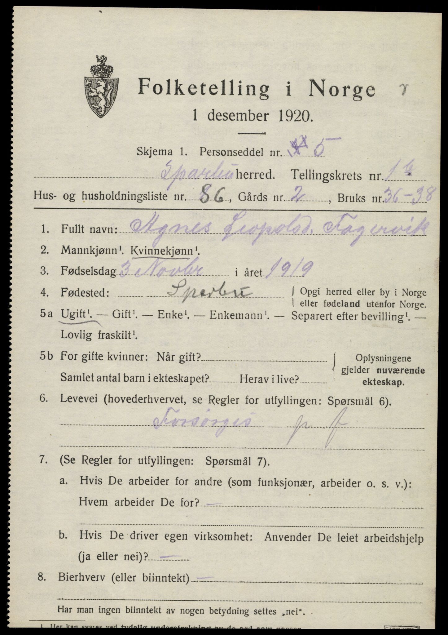 SAT, 1920 census for Sparbu, 1920, p. 3205