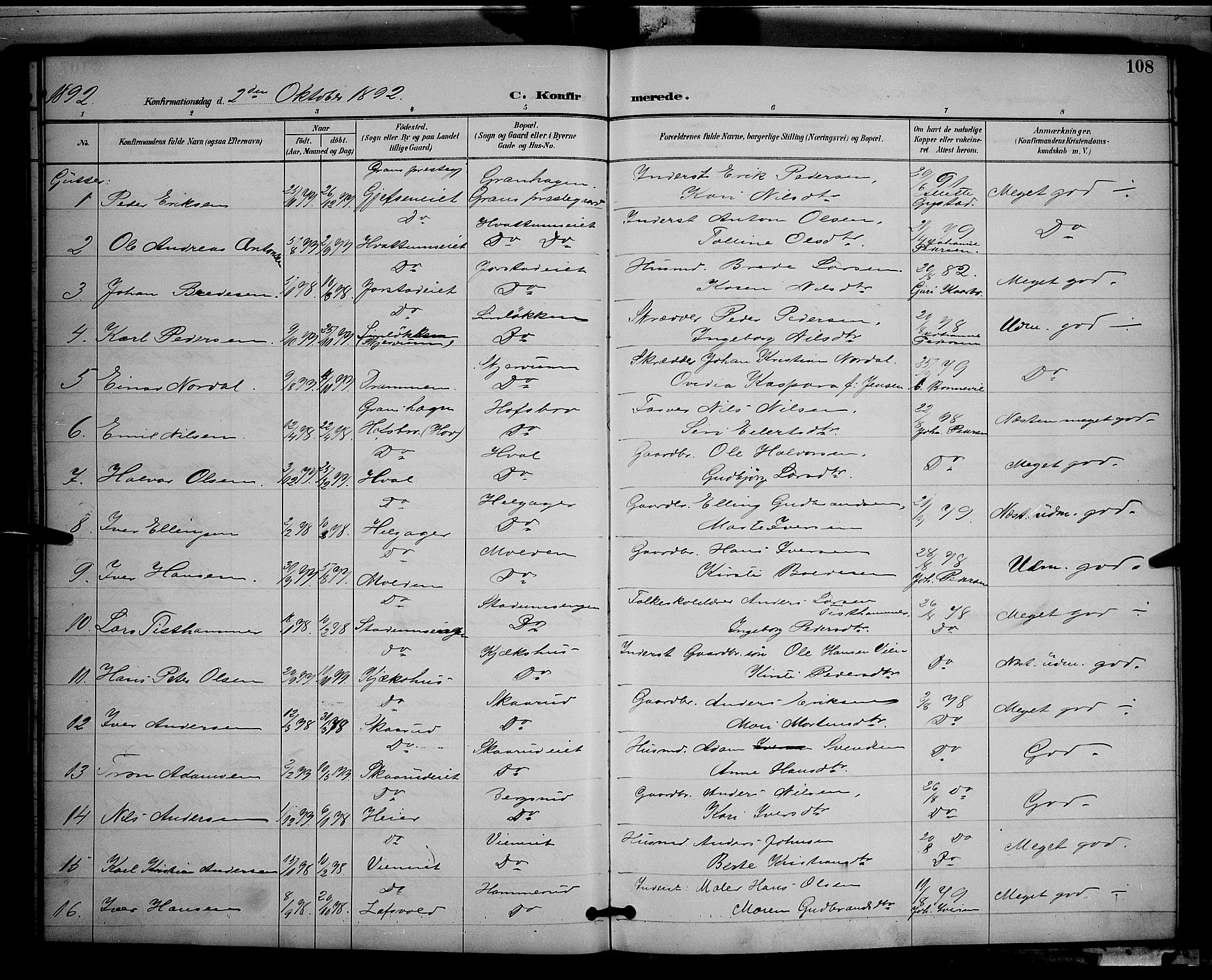 Gran prestekontor, AV/SAH-PREST-112/H/Ha/Hab/L0005: Parish register (copy) no. 5, 1892-1900, p. 108