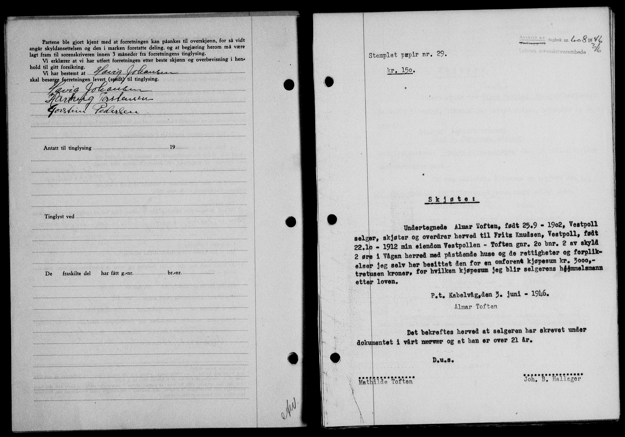 Lofoten sorenskriveri, SAT/A-0017/1/2/2C/L0014a: Mortgage book no. 14a, 1946-1946, Diary no: : 608/1946