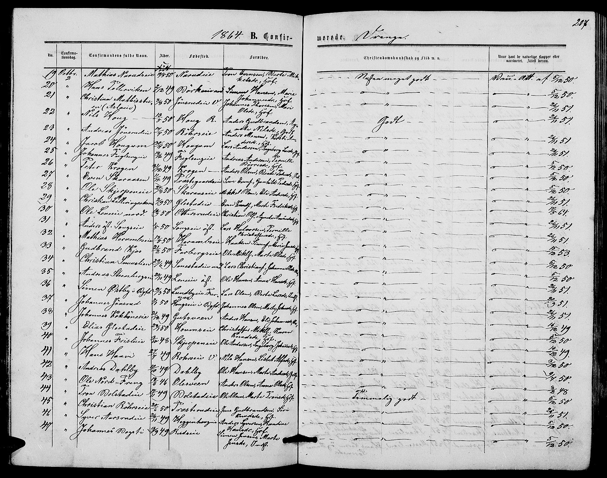 Ringsaker prestekontor, AV/SAH-PREST-014/L/La/L0007: Parish register (copy) no. 7, 1861-1869, p. 207