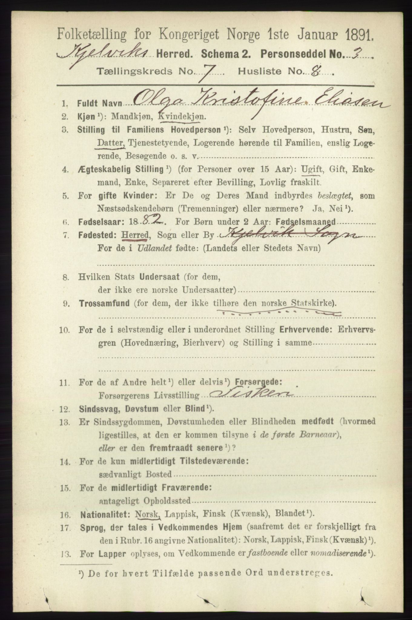 RA, 1891 census for 2019 Kjelvik, 1891, p. 948