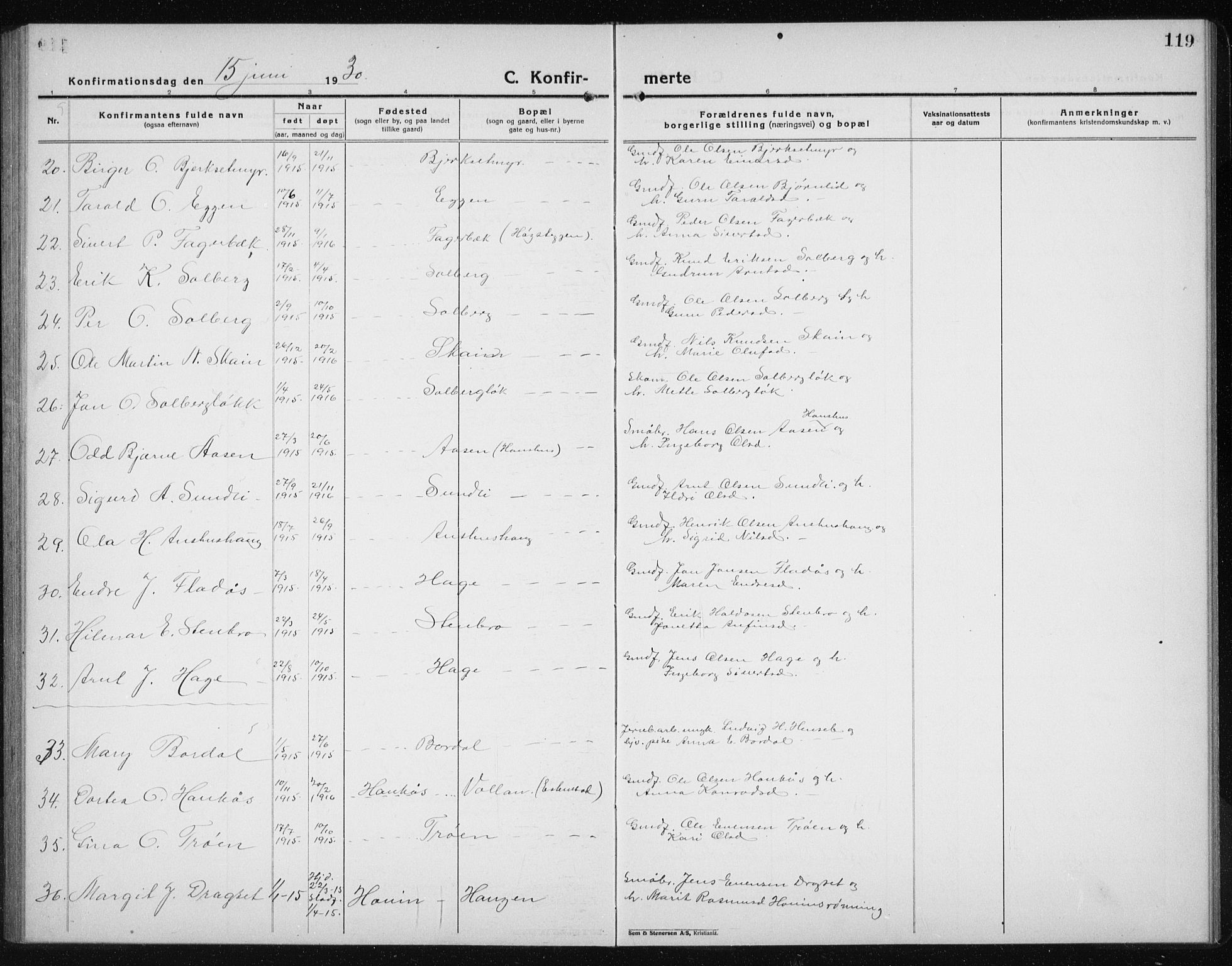 Ministerialprotokoller, klokkerbøker og fødselsregistre - Sør-Trøndelag, SAT/A-1456/689/L1045: Parish register (copy) no. 689C04, 1923-1940, p. 119