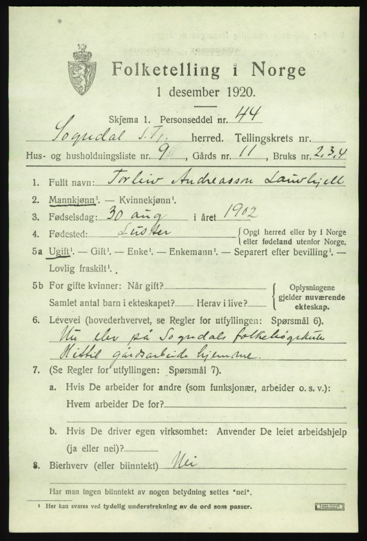 SAB, 1920 census for Sogndal, 1920, p. 2287