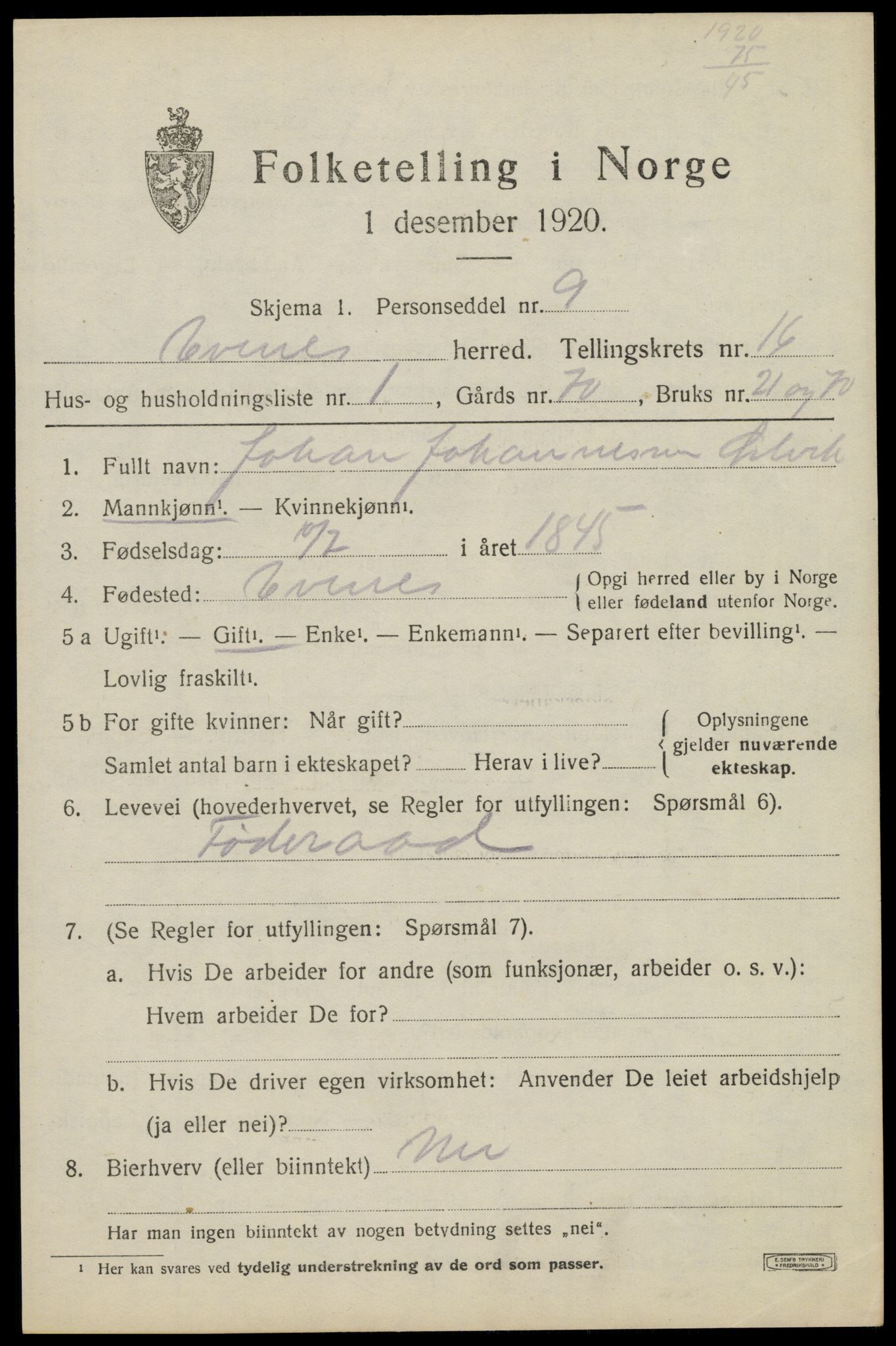 SAT, 1920 census for Evenes, 1920, p. 13198