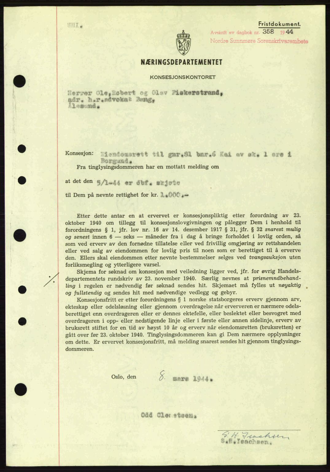 Nordre Sunnmøre sorenskriveri, SAT/A-0006/1/2/2C/2Ca: Mortgage book no. B6-14 a, 1942-1945, Diary no: : 358/1944