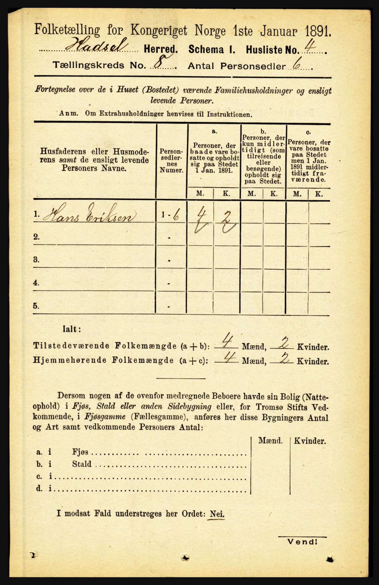 RA, 1891 census for 1866 Hadsel, 1891, p. 3535