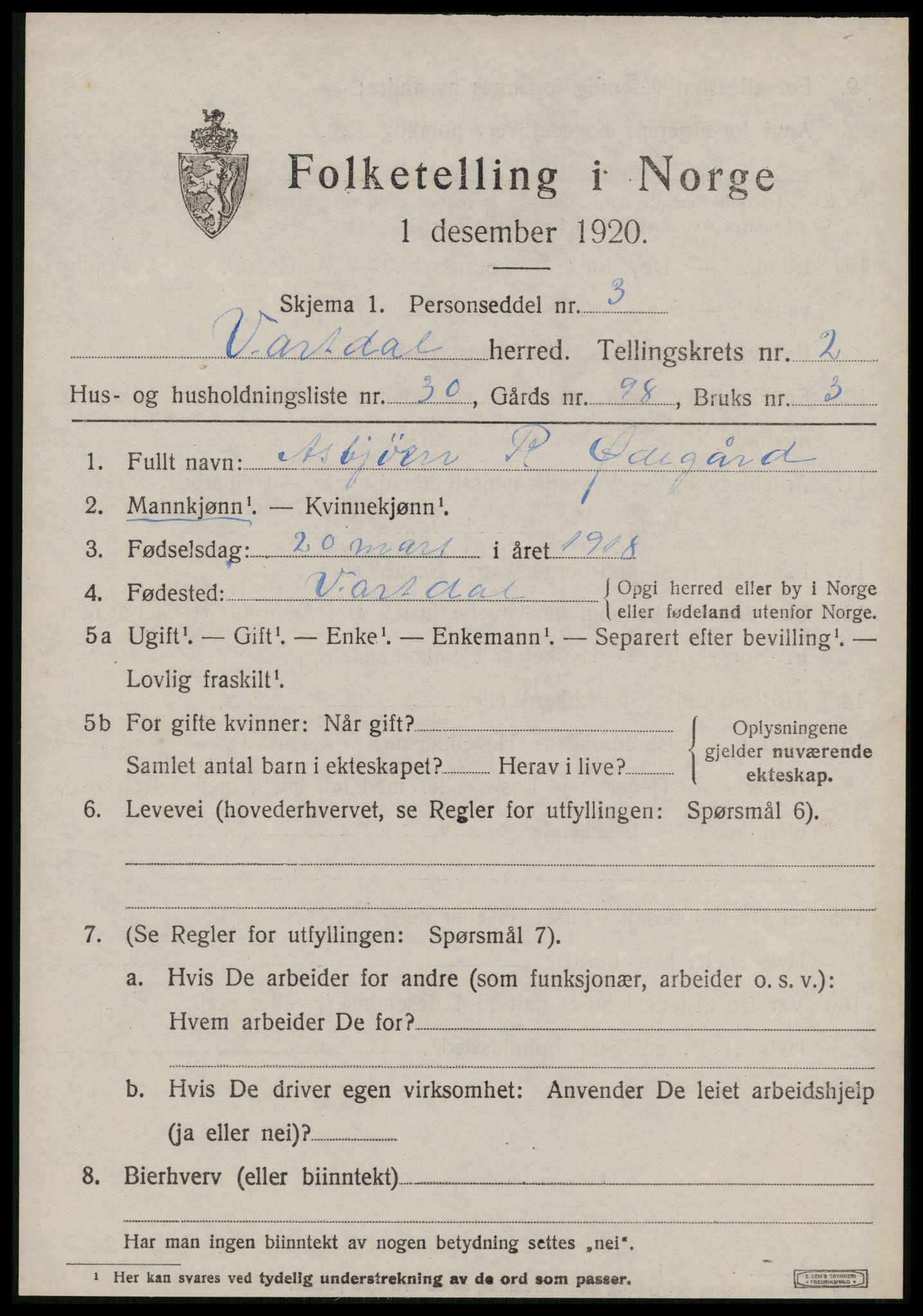 SAT, 1920 census for Vartdal, 1920, p. 1161