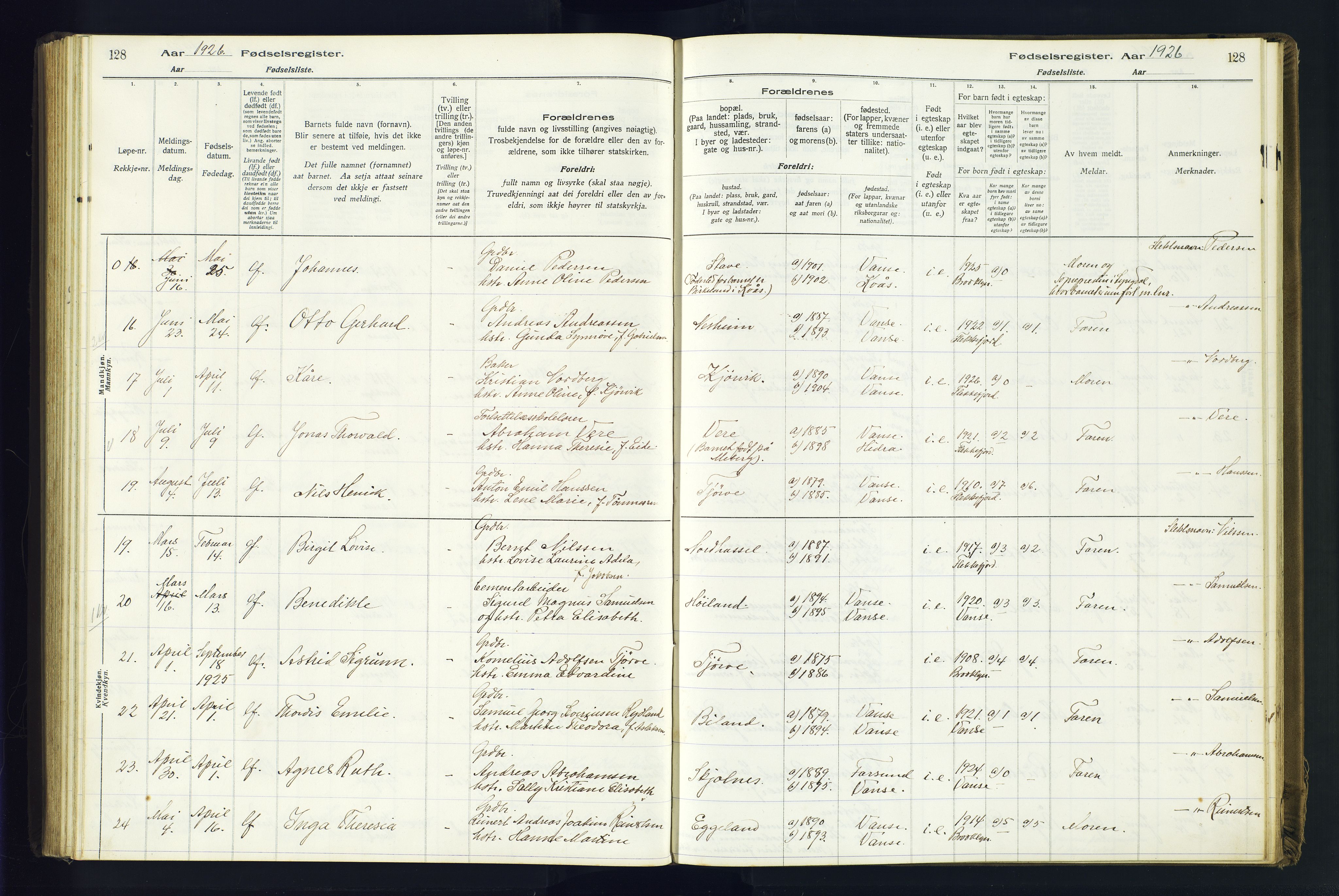 Lista sokneprestkontor, AV/SAK-1111-0027/J/Ja/L0001: Birth register no. A-VI-30, 1916-1934, p. 128