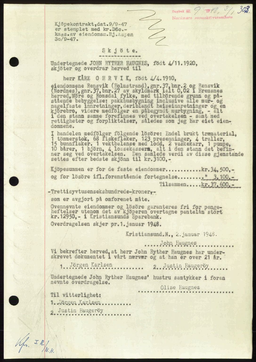 Nordmøre sorenskriveri, AV/SAT-A-4132/1/2/2Ca: Mortgage book no. A107, 1947-1948, Diary no: : 9/1948