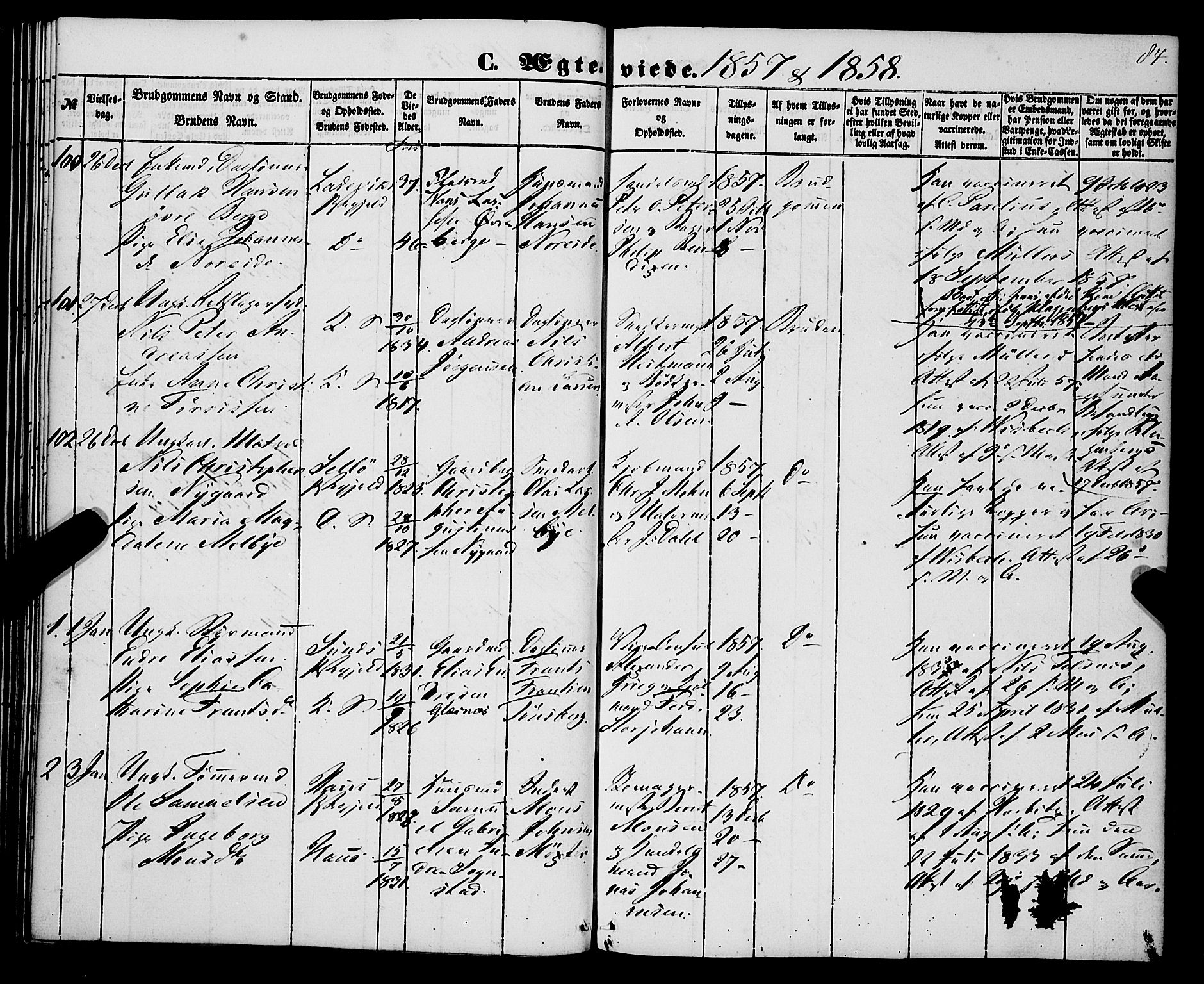 Korskirken sokneprestembete, AV/SAB-A-76101/H/Haa/L0035: Parish register (official) no. D 2, 1852-1867, p. 84