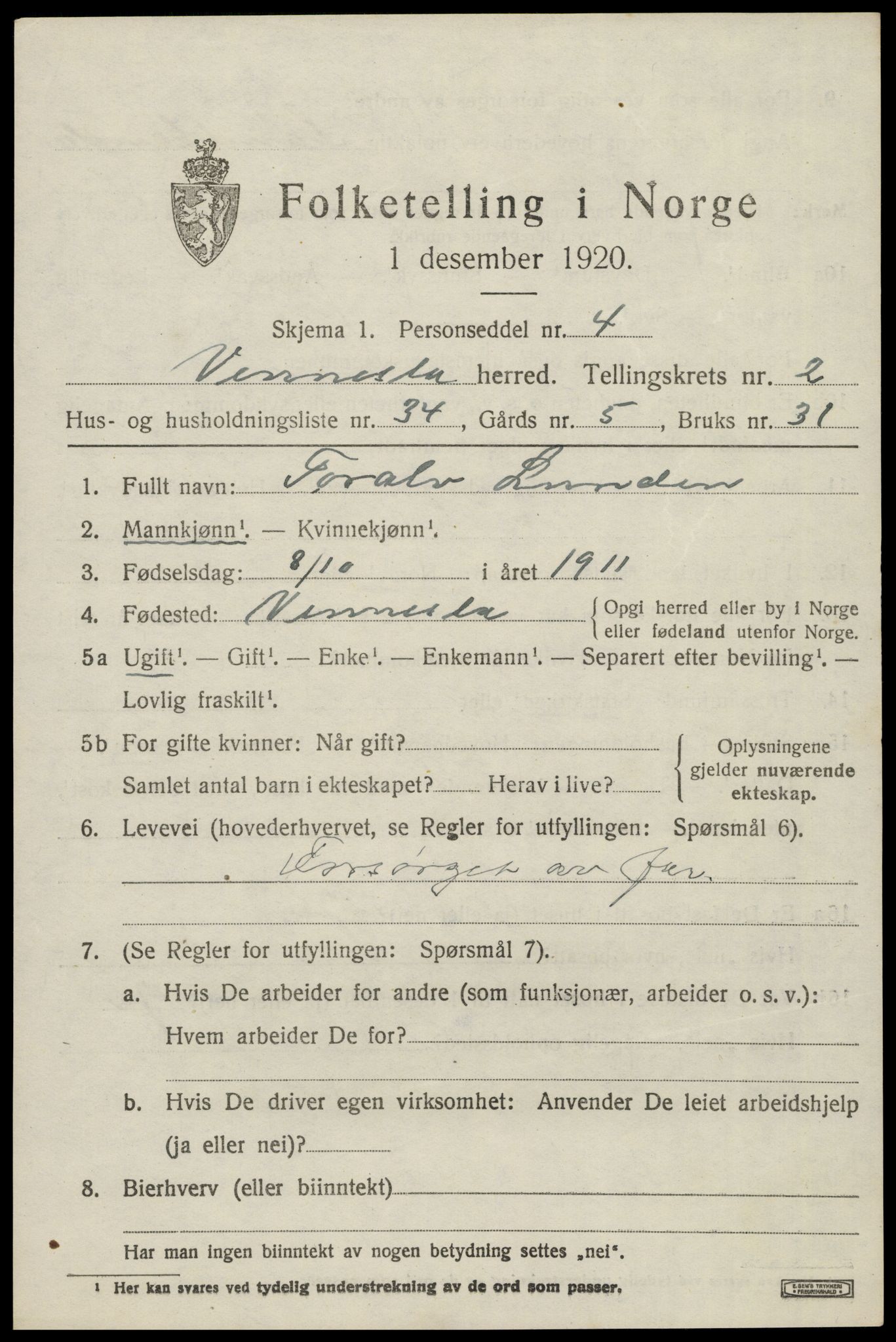 SAK, 1920 census for Vennesla, 1920, p. 1936
