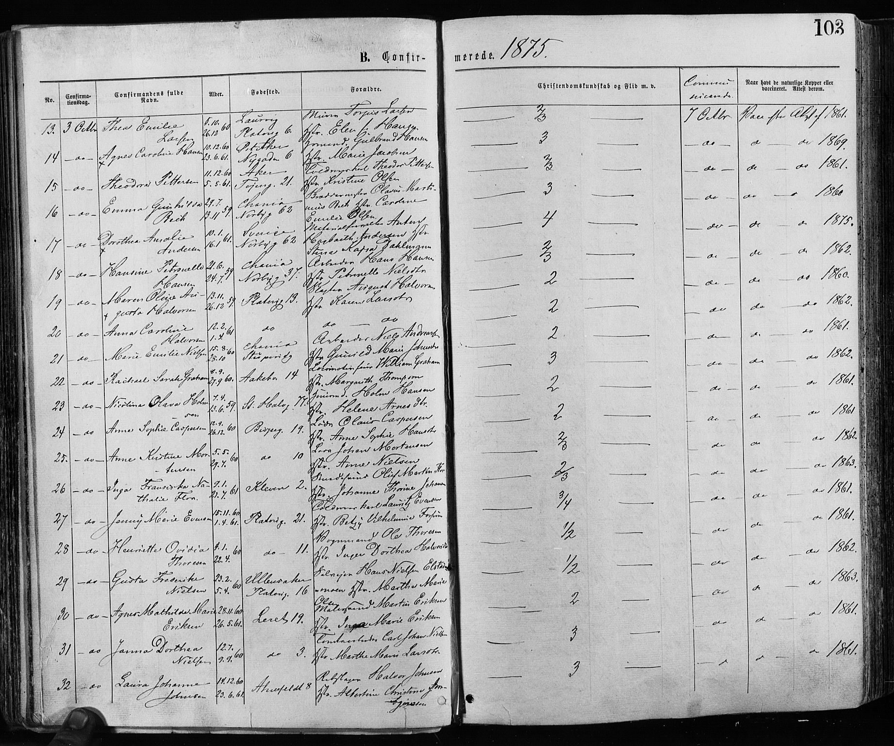 Grønland prestekontor Kirkebøker, AV/SAO-A-10848/F/Fa/L0005: Parish register (official) no. 5, 1869-1880, p. 103