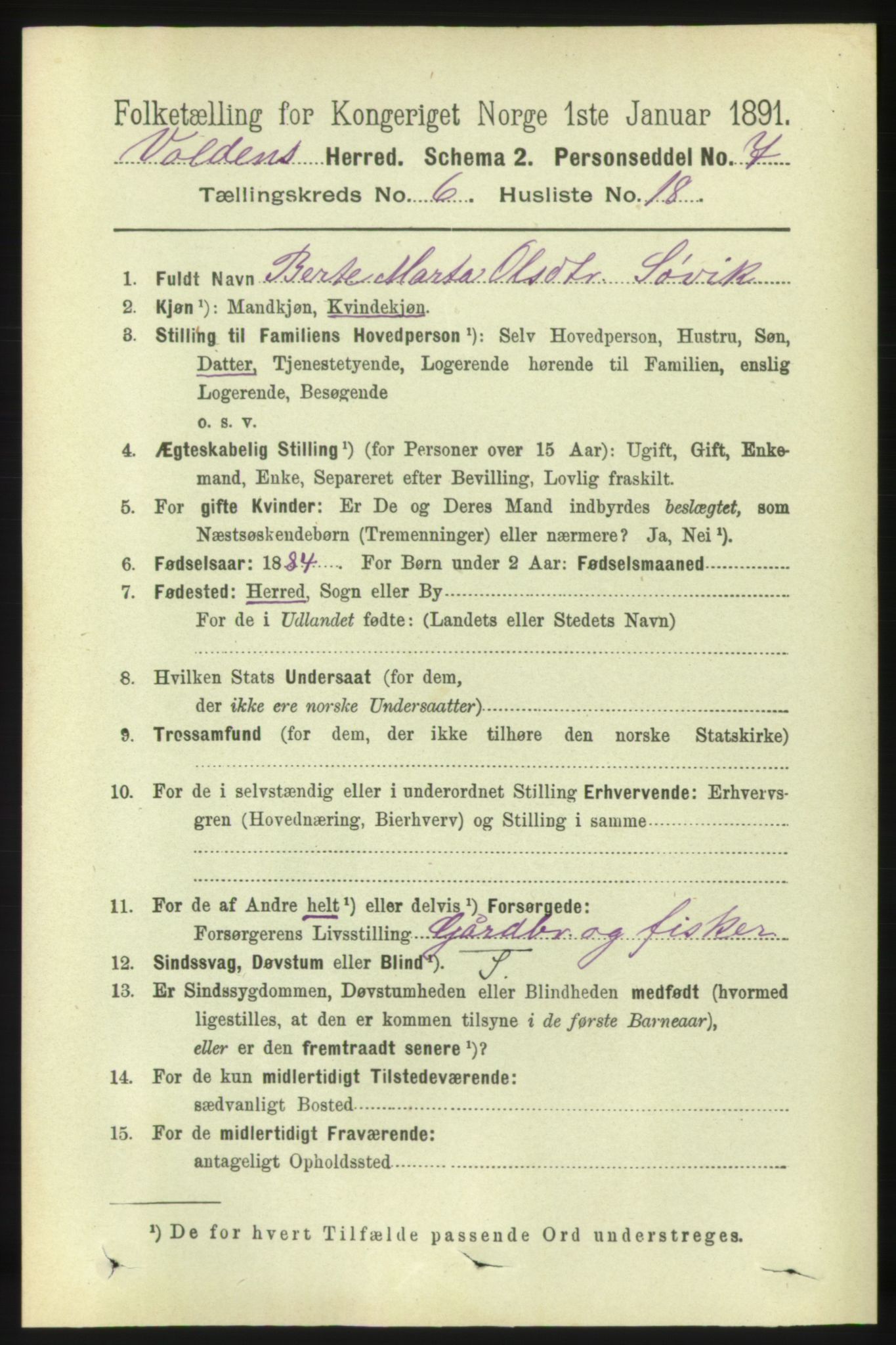 RA, 1891 census for 1519 Volda, 1891, p. 2971
