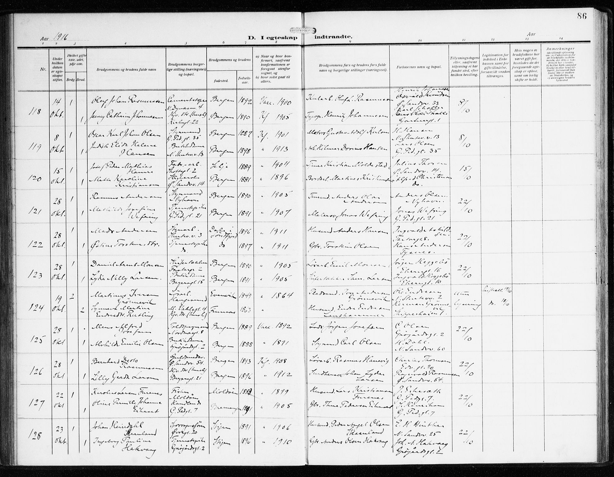 Sandviken Sokneprestembete, AV/SAB-A-77601/H/Ha/L0015: Parish register (official) no. D 2, 1911-1923, p. 86