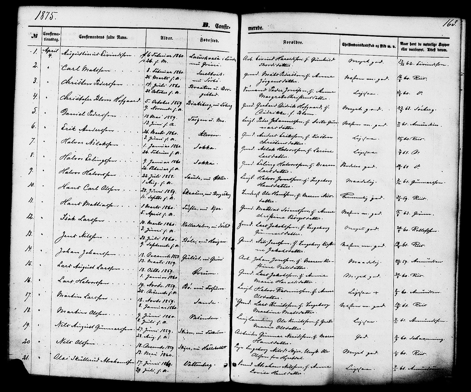 Gjerpen kirkebøker, SAKO/A-265/F/Fa/L0009: Parish register (official) no. I 9, 1872-1885, p. 163