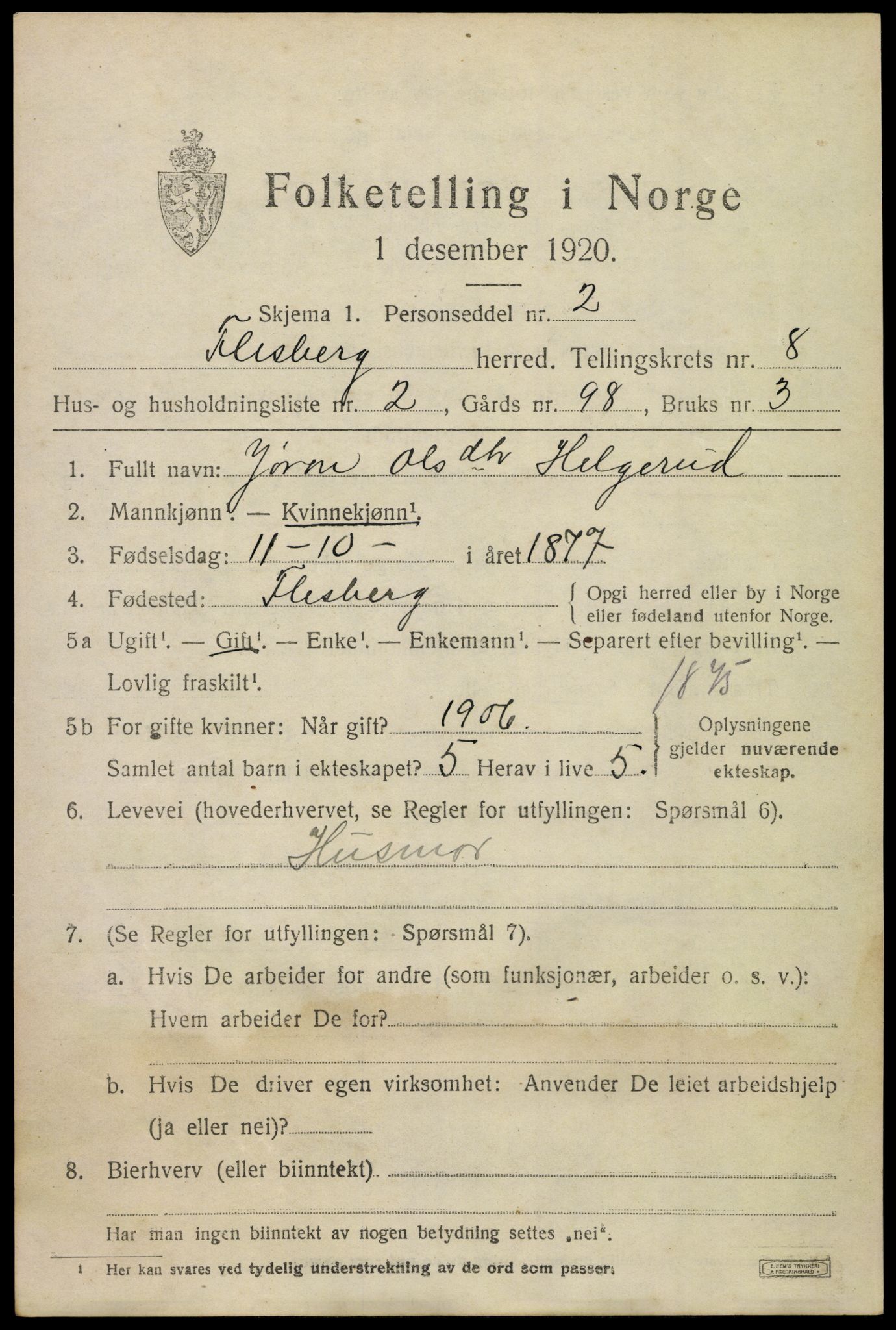 SAKO, 1920 census for Flesberg, 1920, p. 3069