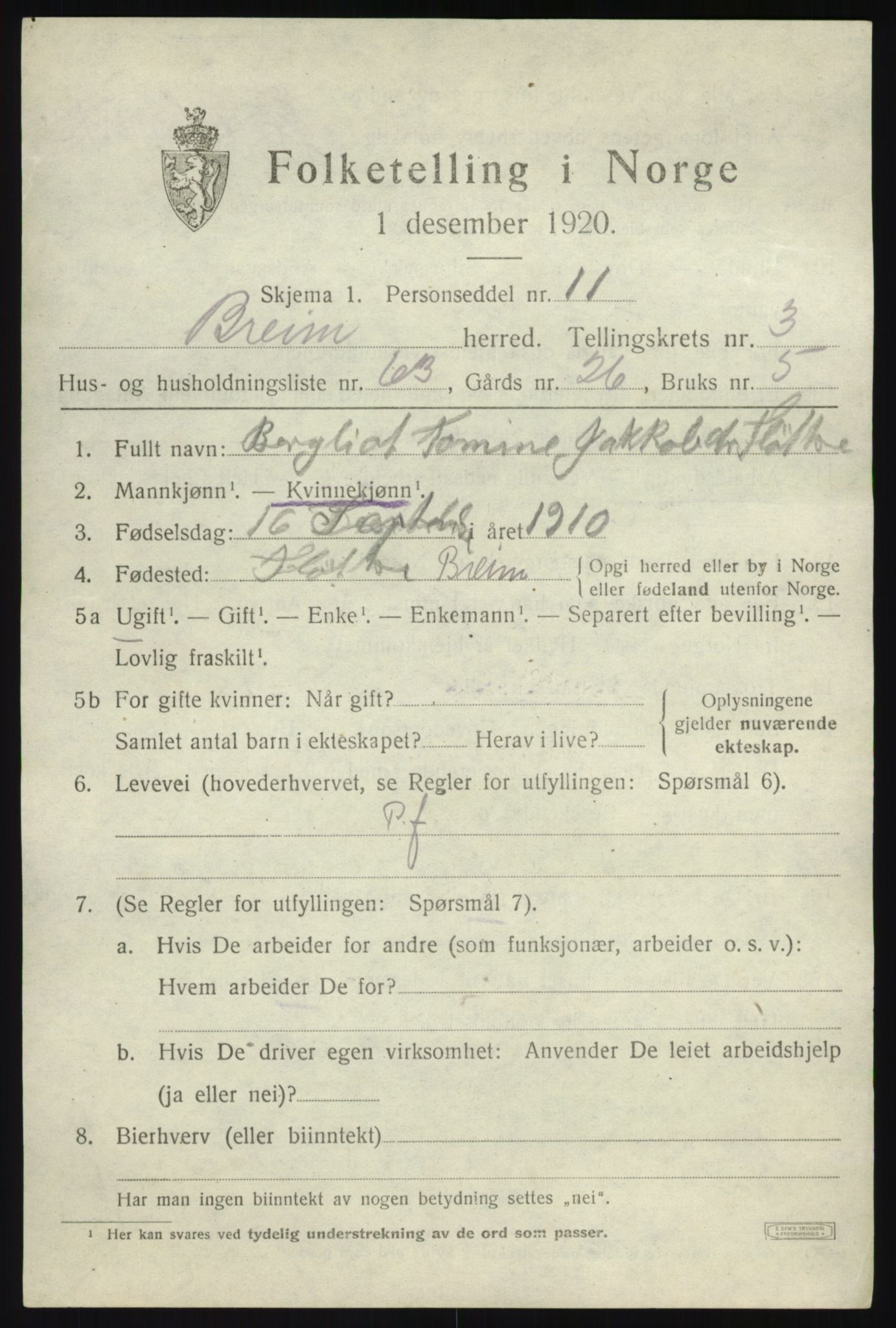 SAB, 1920 census for Breim, 1920, p. 2499