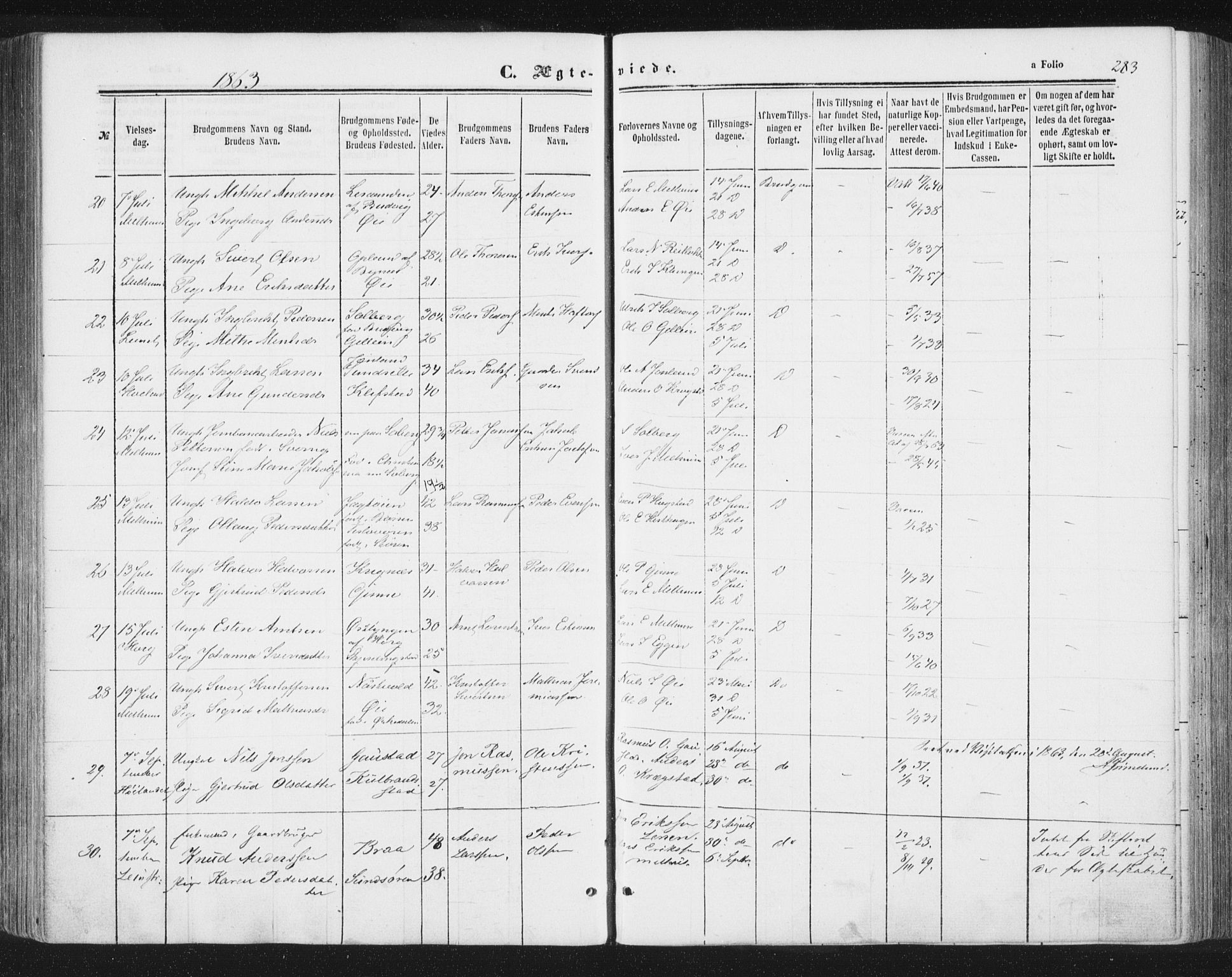 Ministerialprotokoller, klokkerbøker og fødselsregistre - Sør-Trøndelag, AV/SAT-A-1456/691/L1077: Parish register (official) no. 691A09, 1862-1873, p. 283