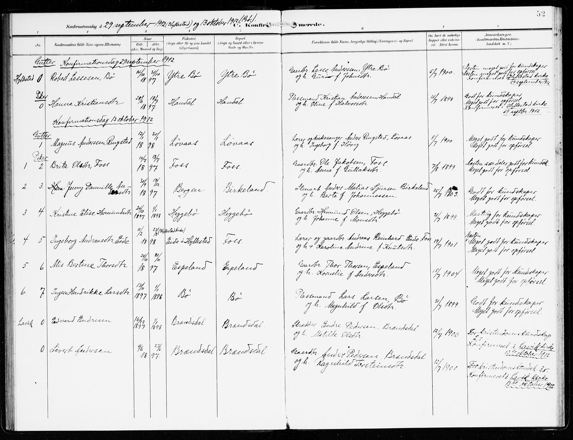 Hyllestad sokneprestembete, SAB/A-80401: Parish register (official) no. C 2, 1904-1917, p. 52